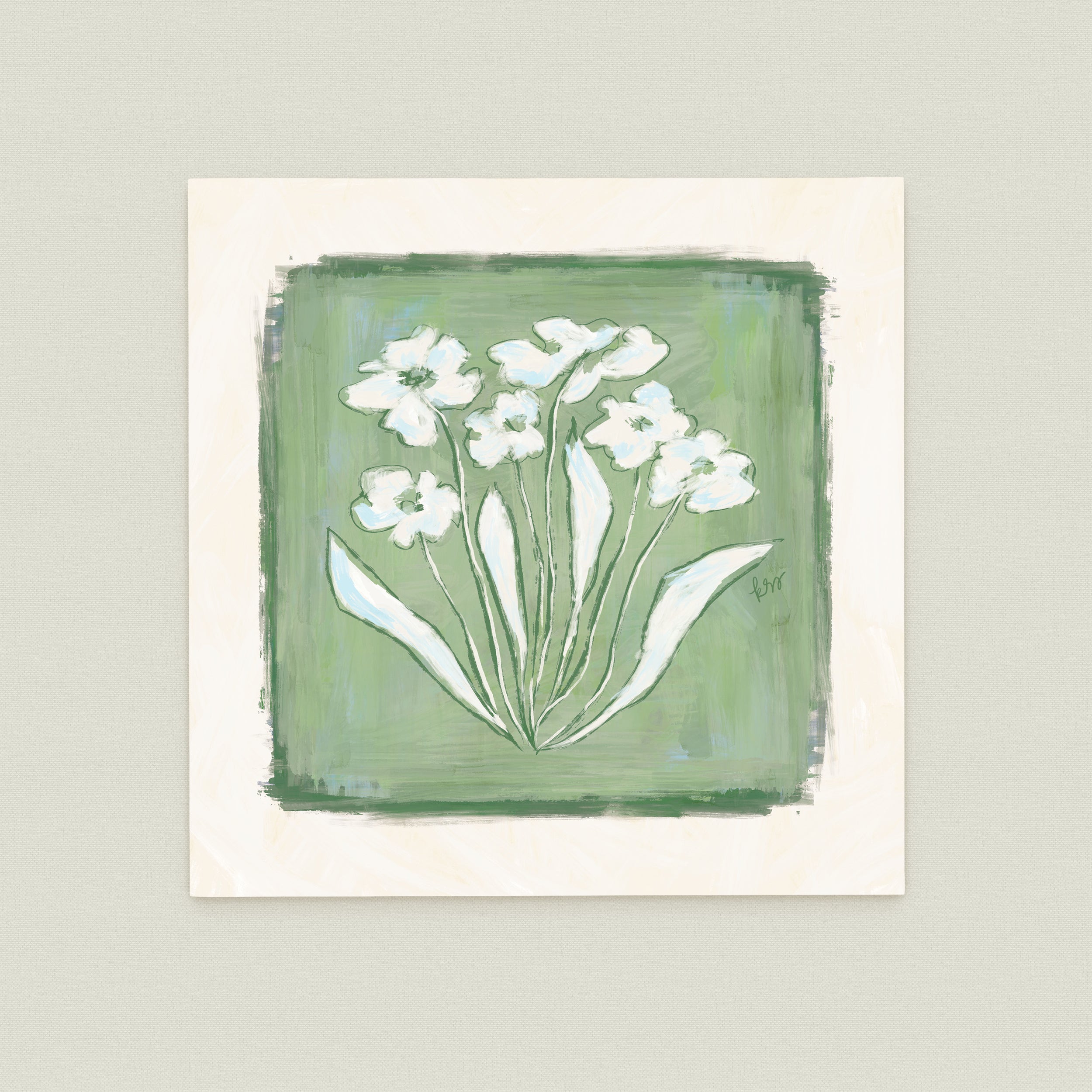 A square painting featuring a group of white flowers against a green background.