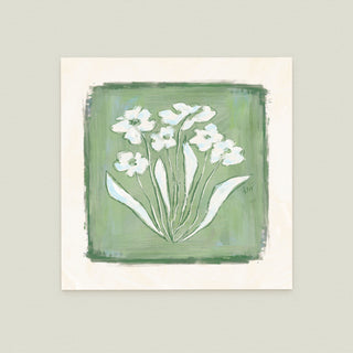 A square painting featuring a group of white flowers against a green background.