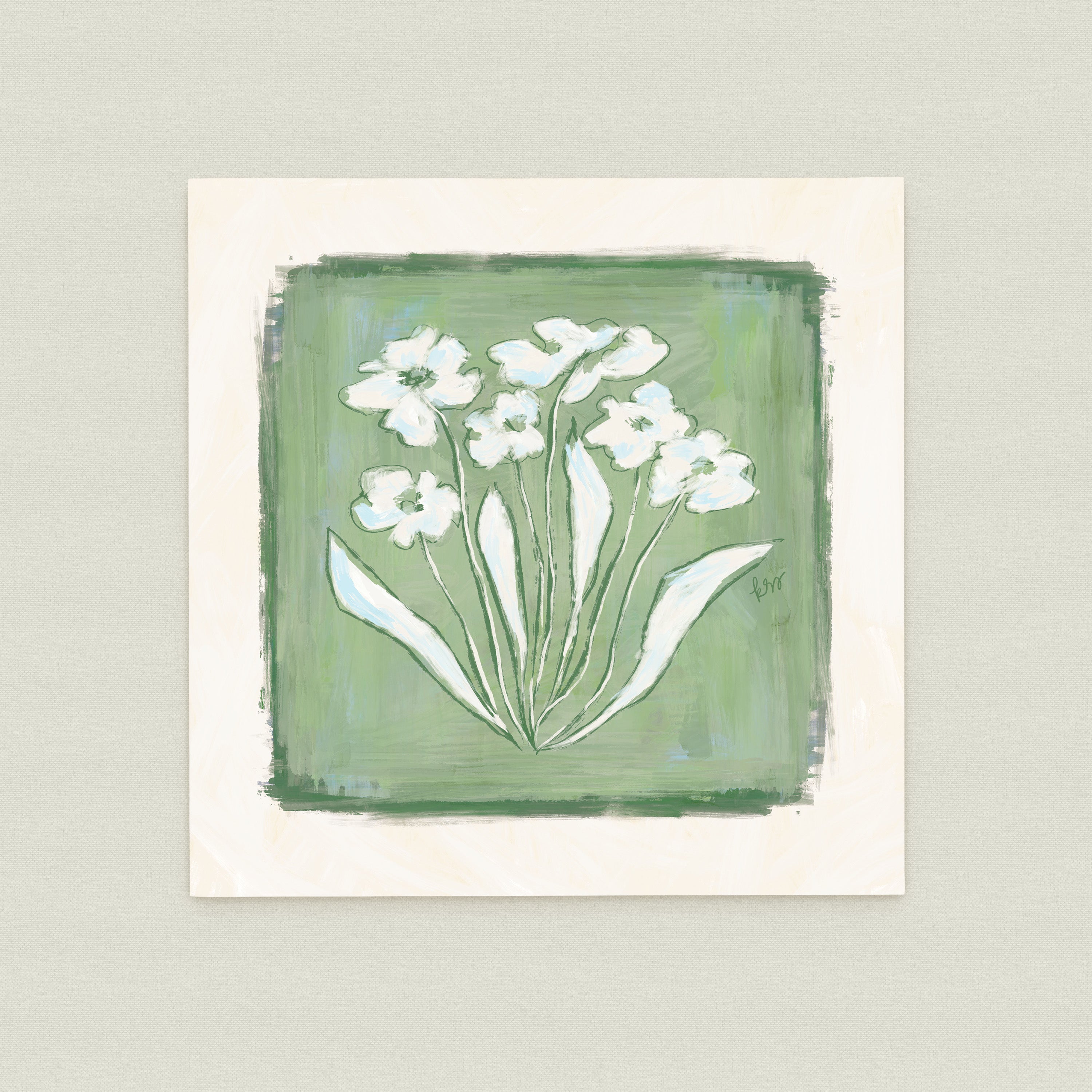 A square painting featuring a group of white flowers against a green background.
