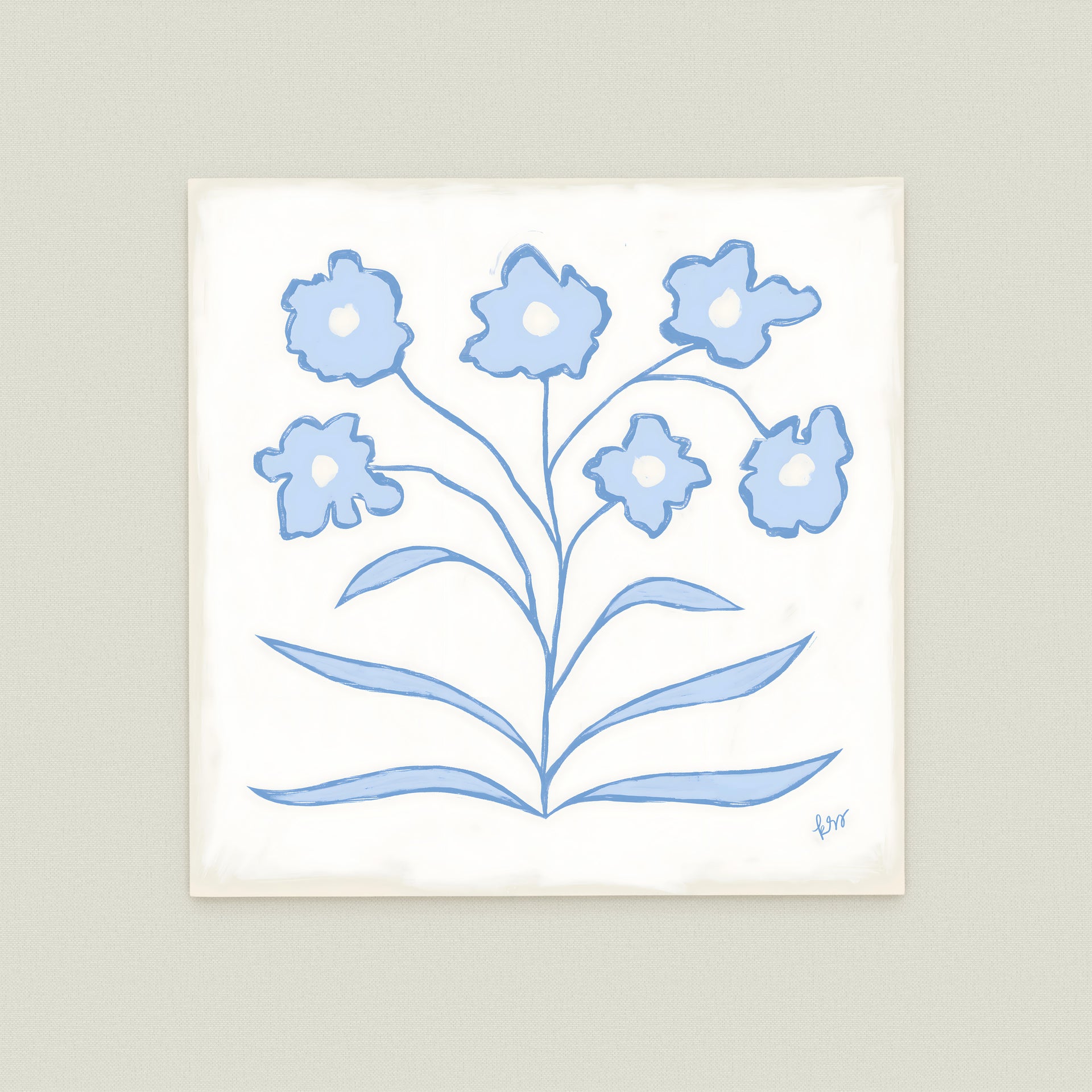 A square painting depicting a stylized blue flower arrangement with six blue flowers and green leaves.
