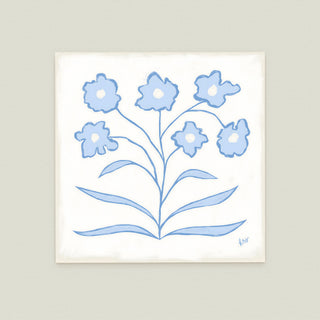 Botanical Line Study No. 5: a stylized blue flower arrangement with six blue flowers and green leaves.