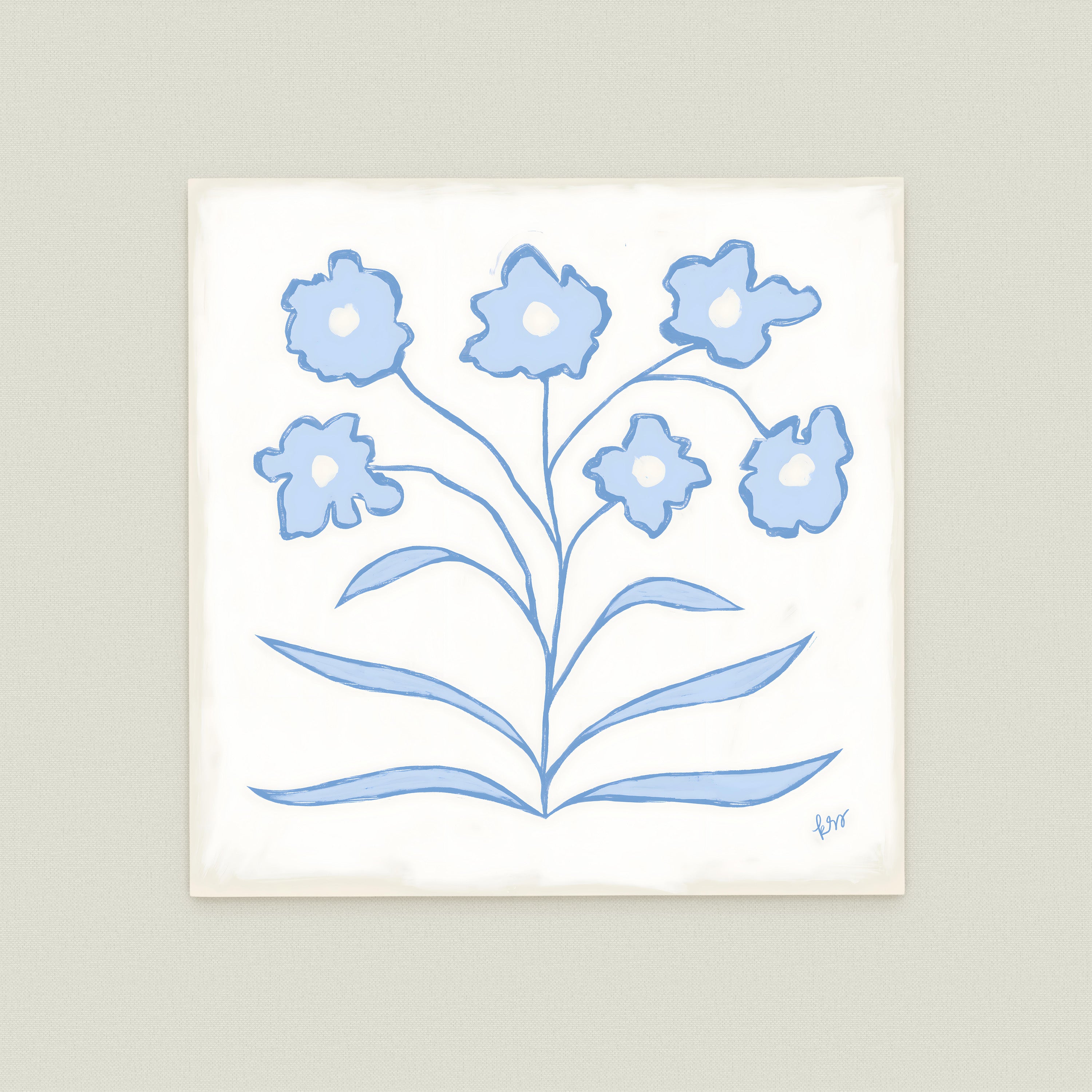 A square painting depicting a stylized blue flower arrangement with six blue flowers and green leaves.
