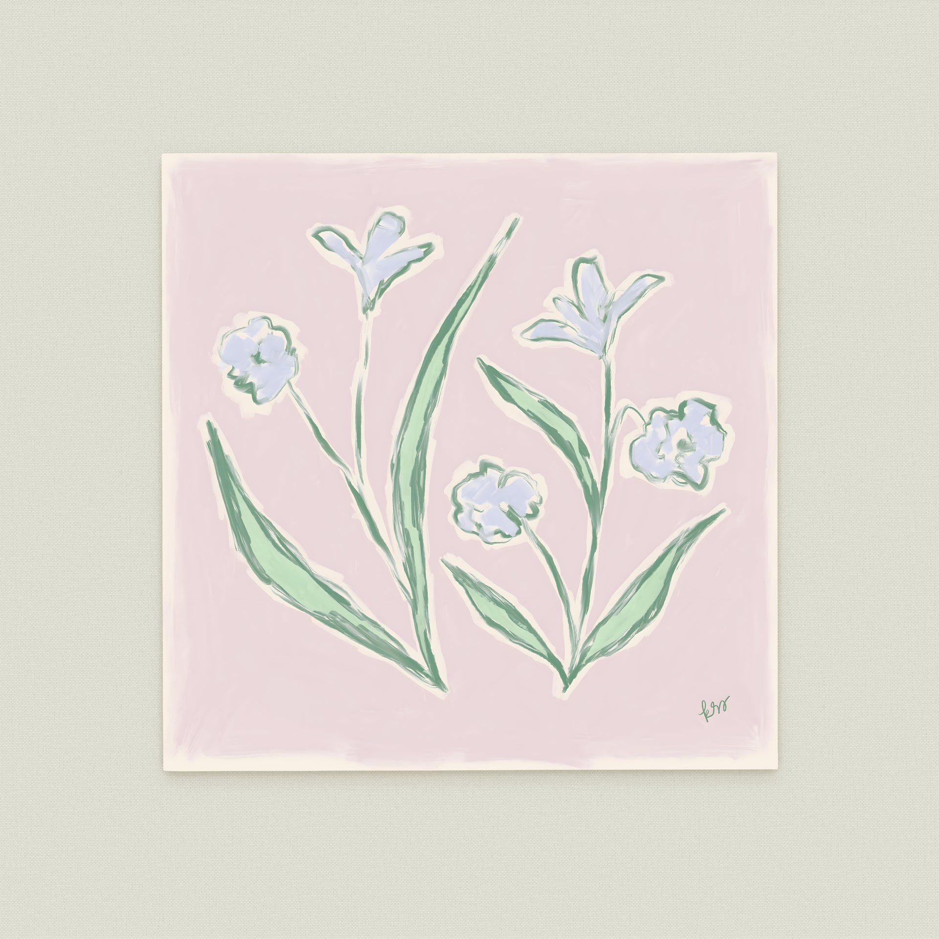 The image is a painting of flowers on a pink background.