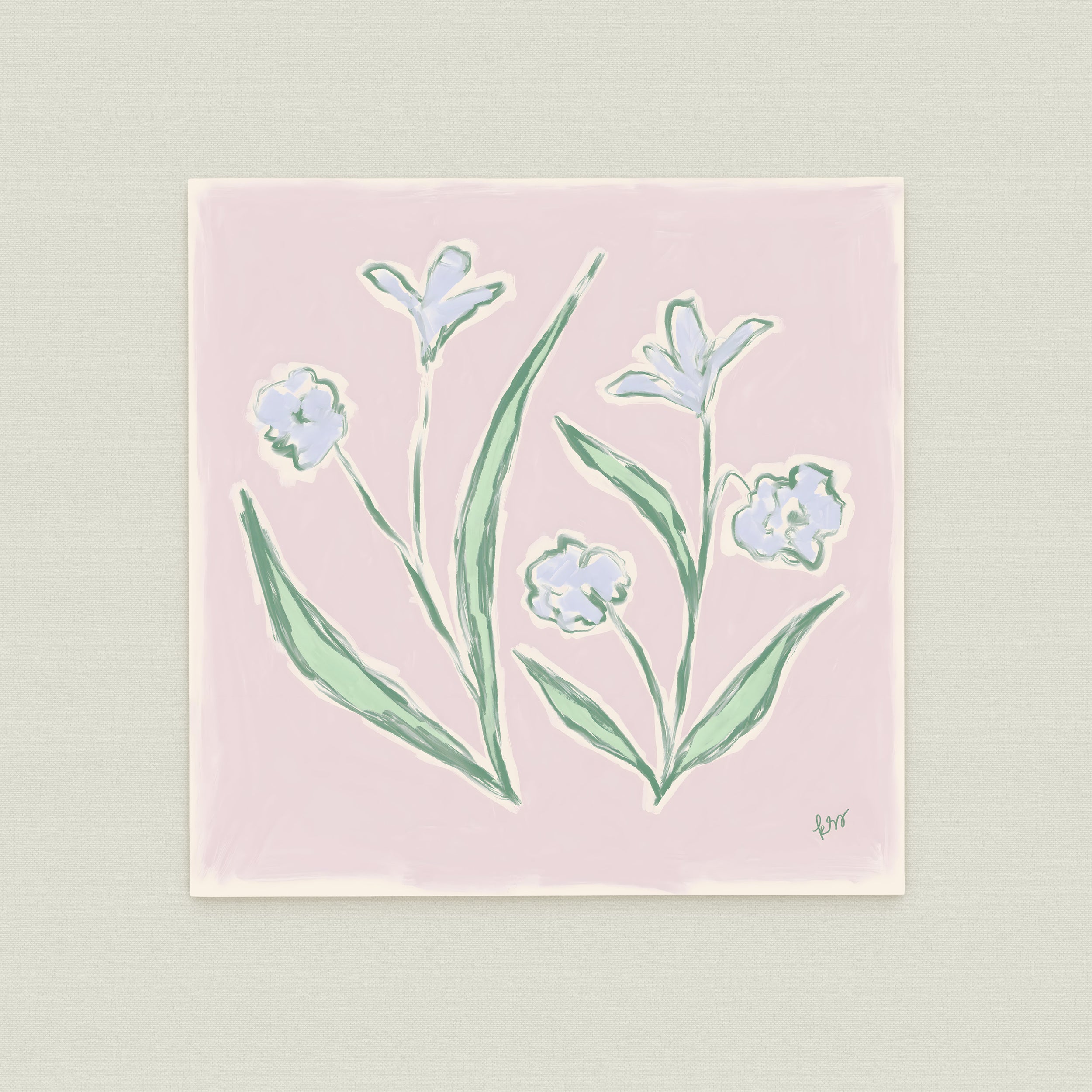 The image is a painting of flowers on a pink background.