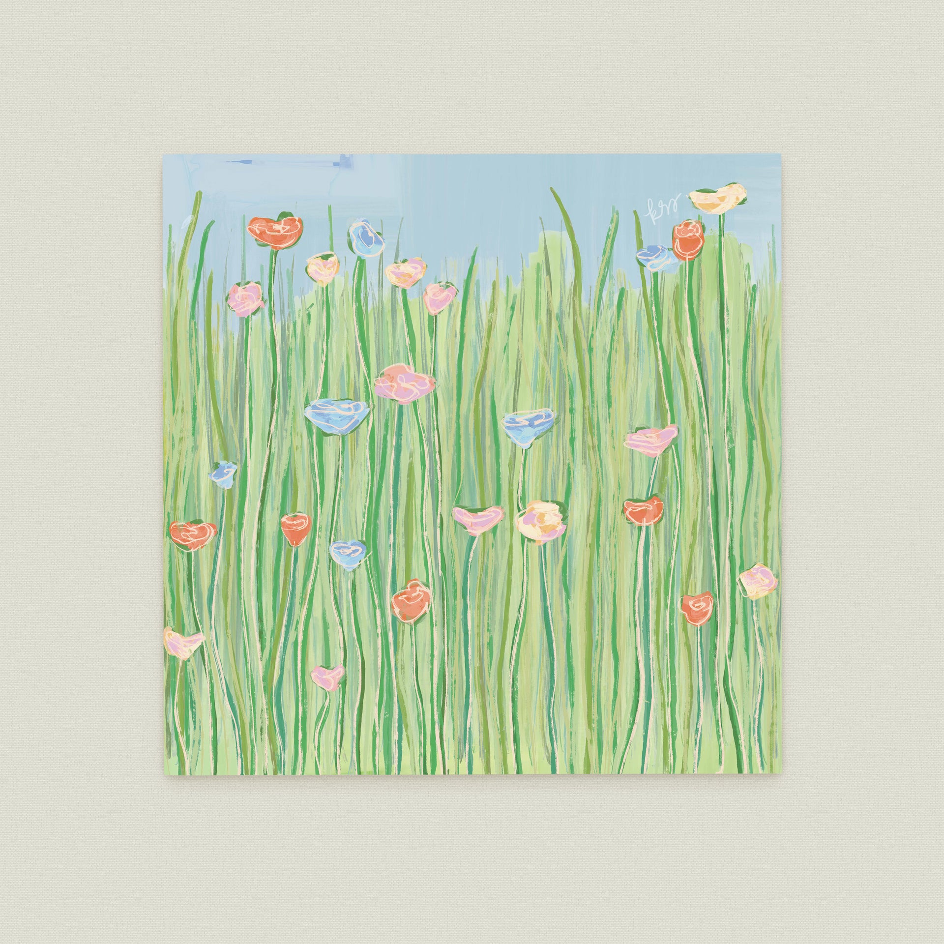 The image is a painting of a field of tall green grass with colorful flowers, including pink, orange, and yellow flowers, scattered throughout the scene.