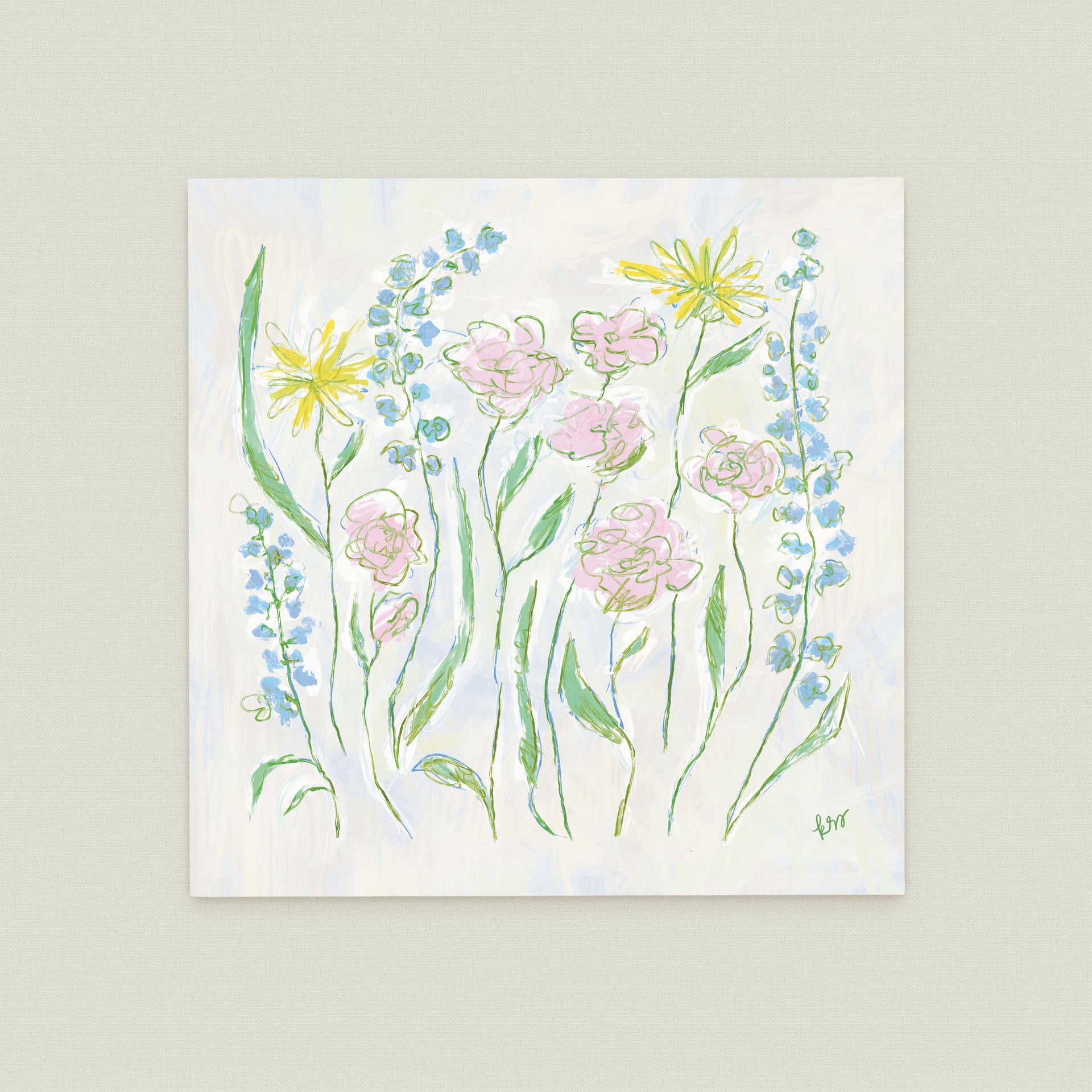 The image is a square painting featuring a variety of colorful flowers and plants, including daisies, lilies, and other blooms, arranged in a visually appealing manner.