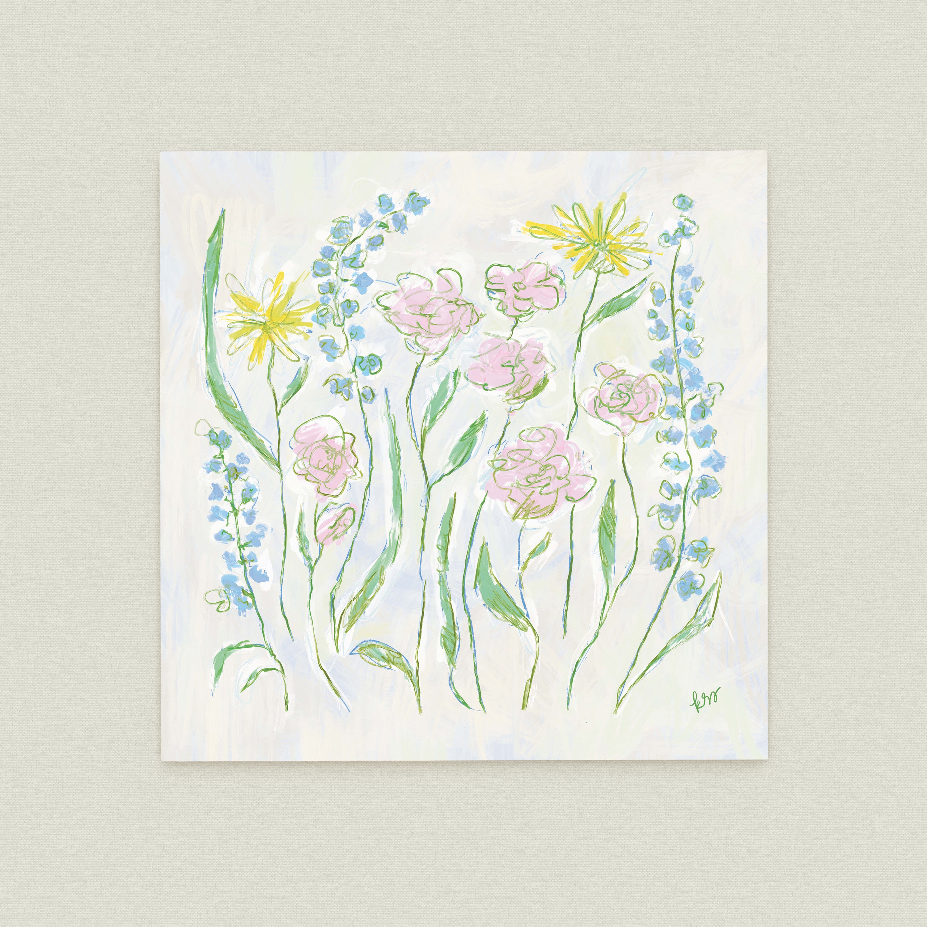 The image is a square painting featuring a variety of colorful flowers and plants, including daisies, lilies, and other blooms, arranged in a visually appealing manner.