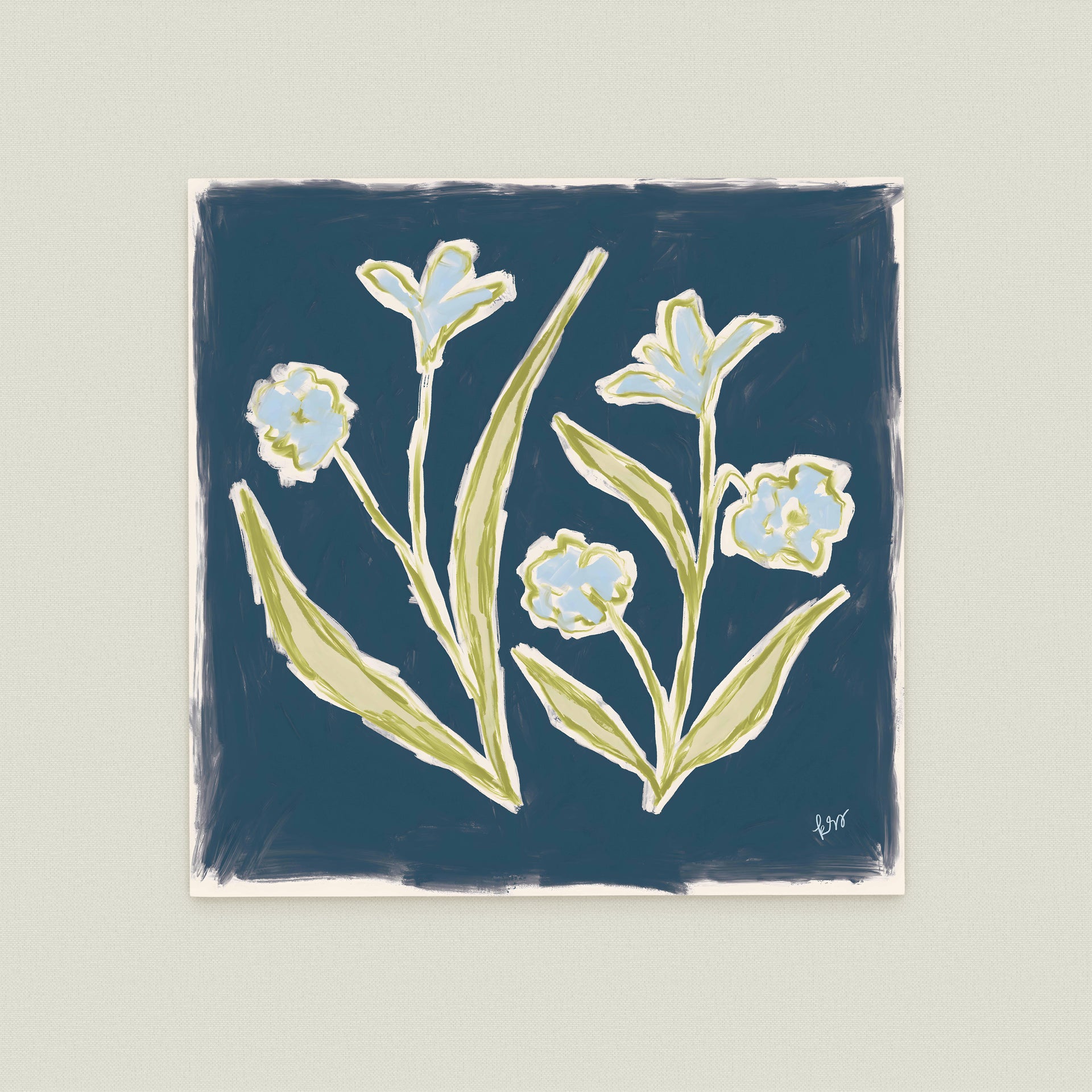 The image is a square painting featuring a group of stylized flowers in various shades of blue and green against a dark blue background.