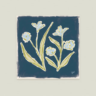 Floral Study No. 9: a group of stylized flowers in various shades of blue and green against a dark blue background.