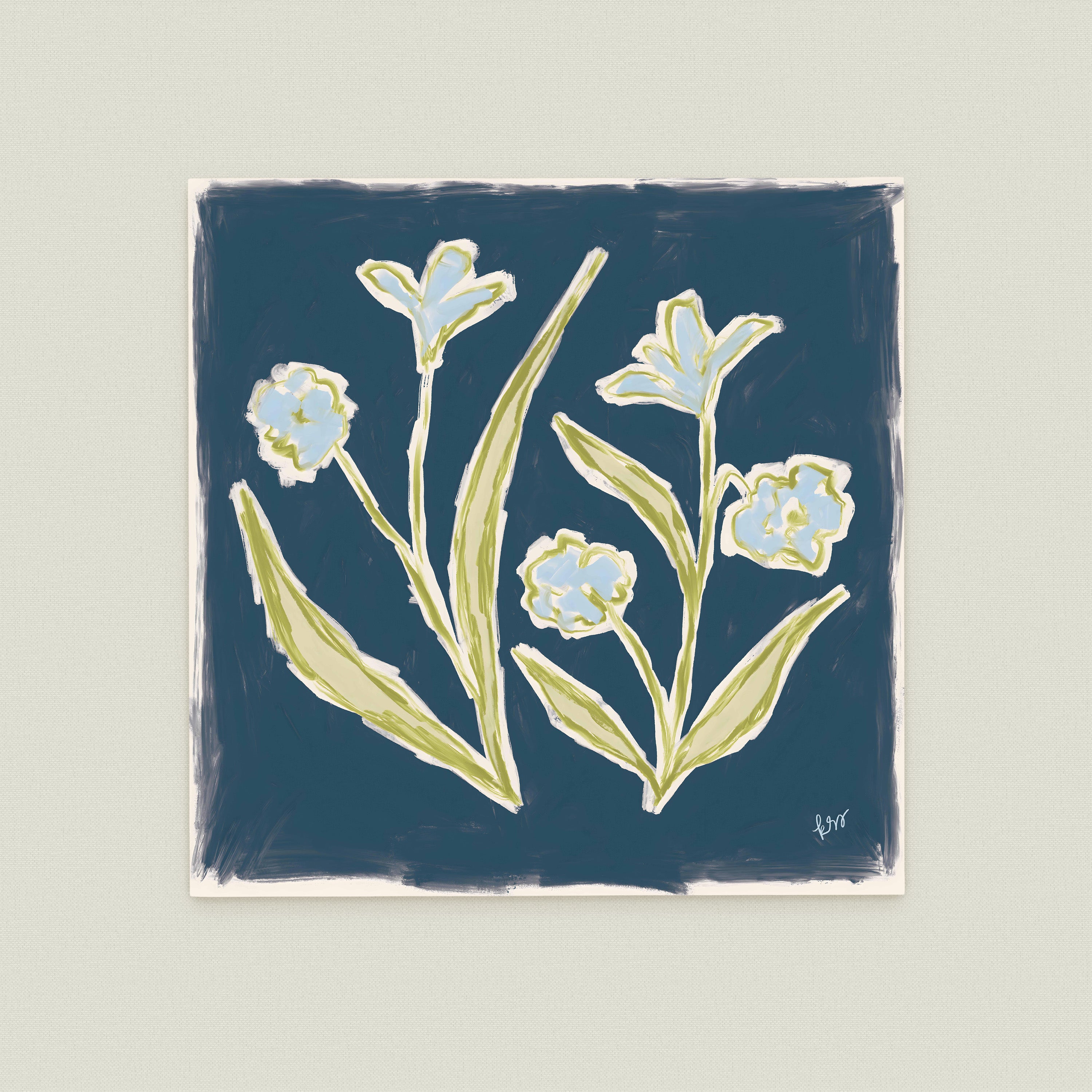 The image is a square painting featuring a group of stylized flowers in various shades of blue and green against a dark blue background.