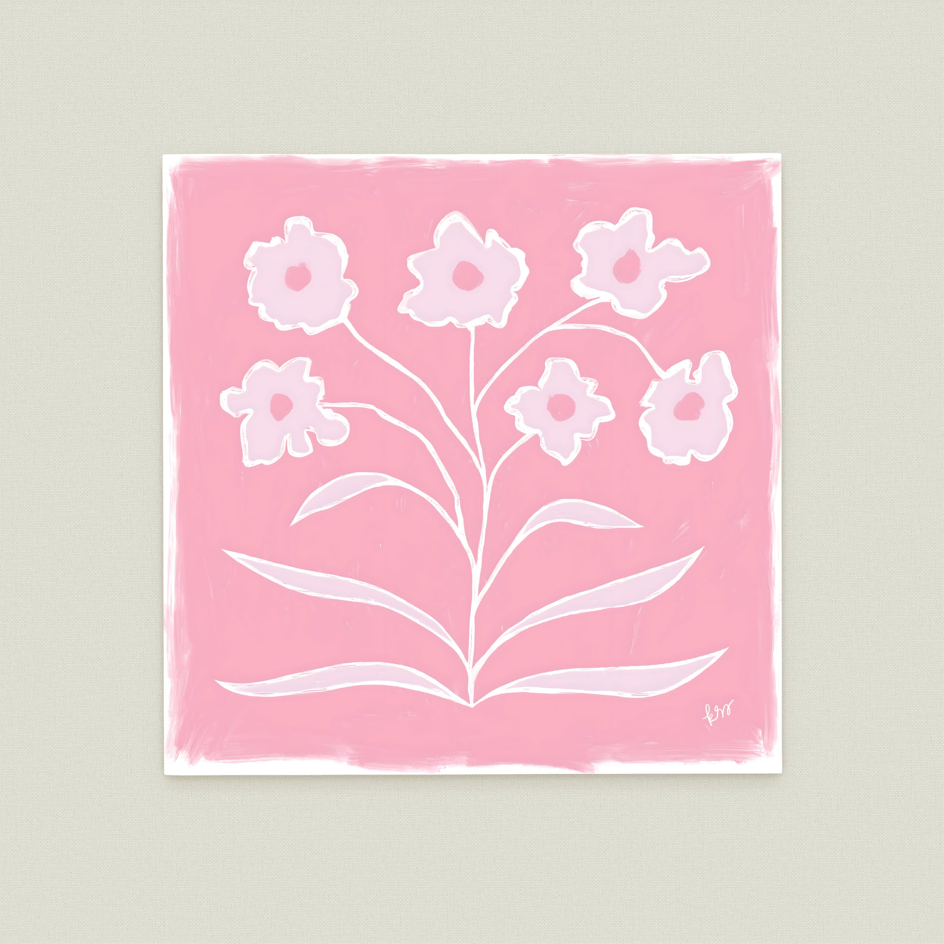 A square painting with a pink background and white flowers.