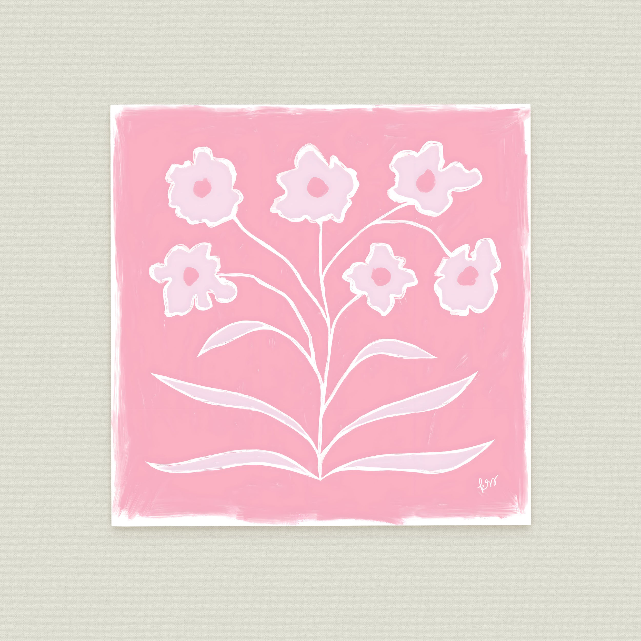 A square painting with a pink background and white flowers.