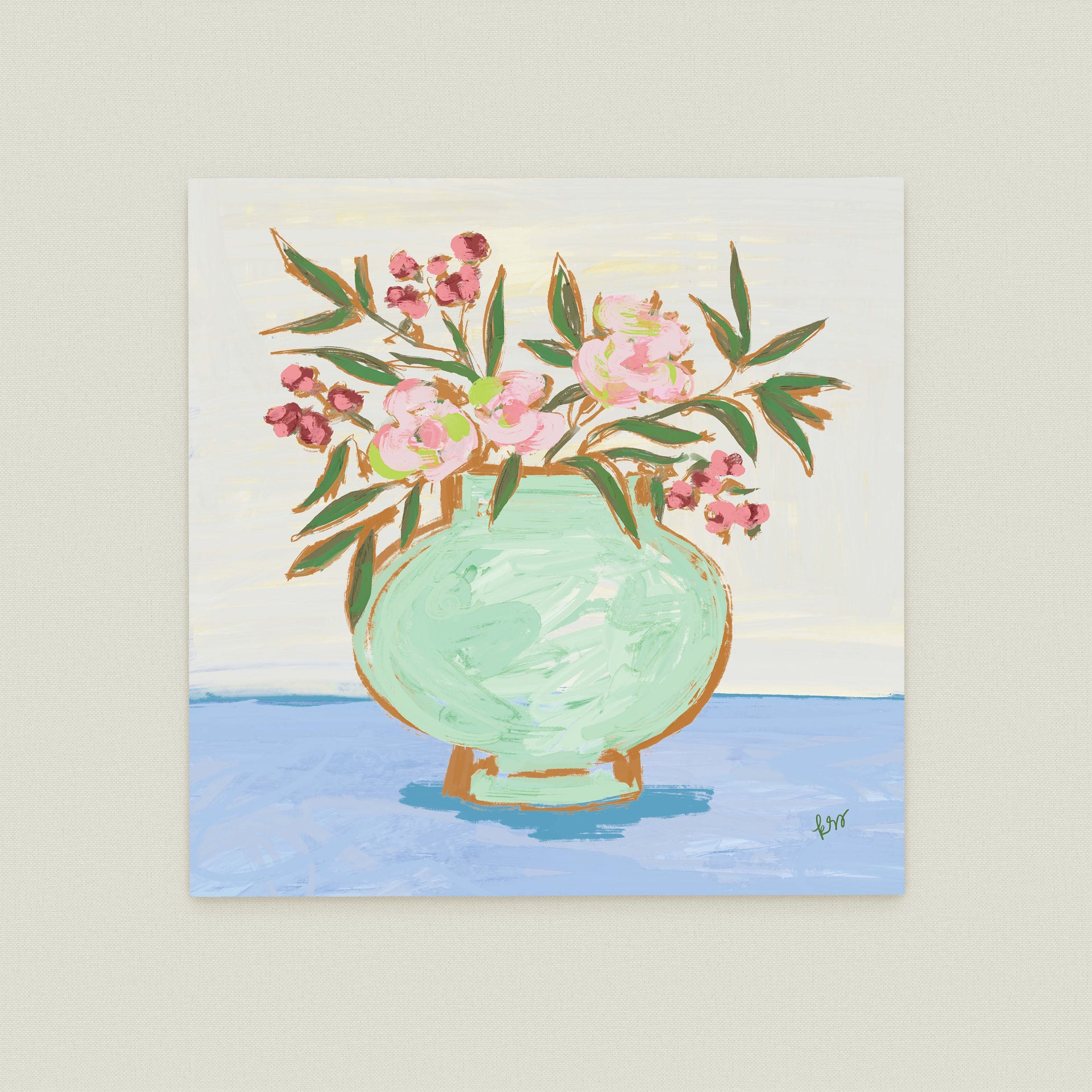 A painting of a green vase filled with pink flowers and green leaves, set against a light blue background.