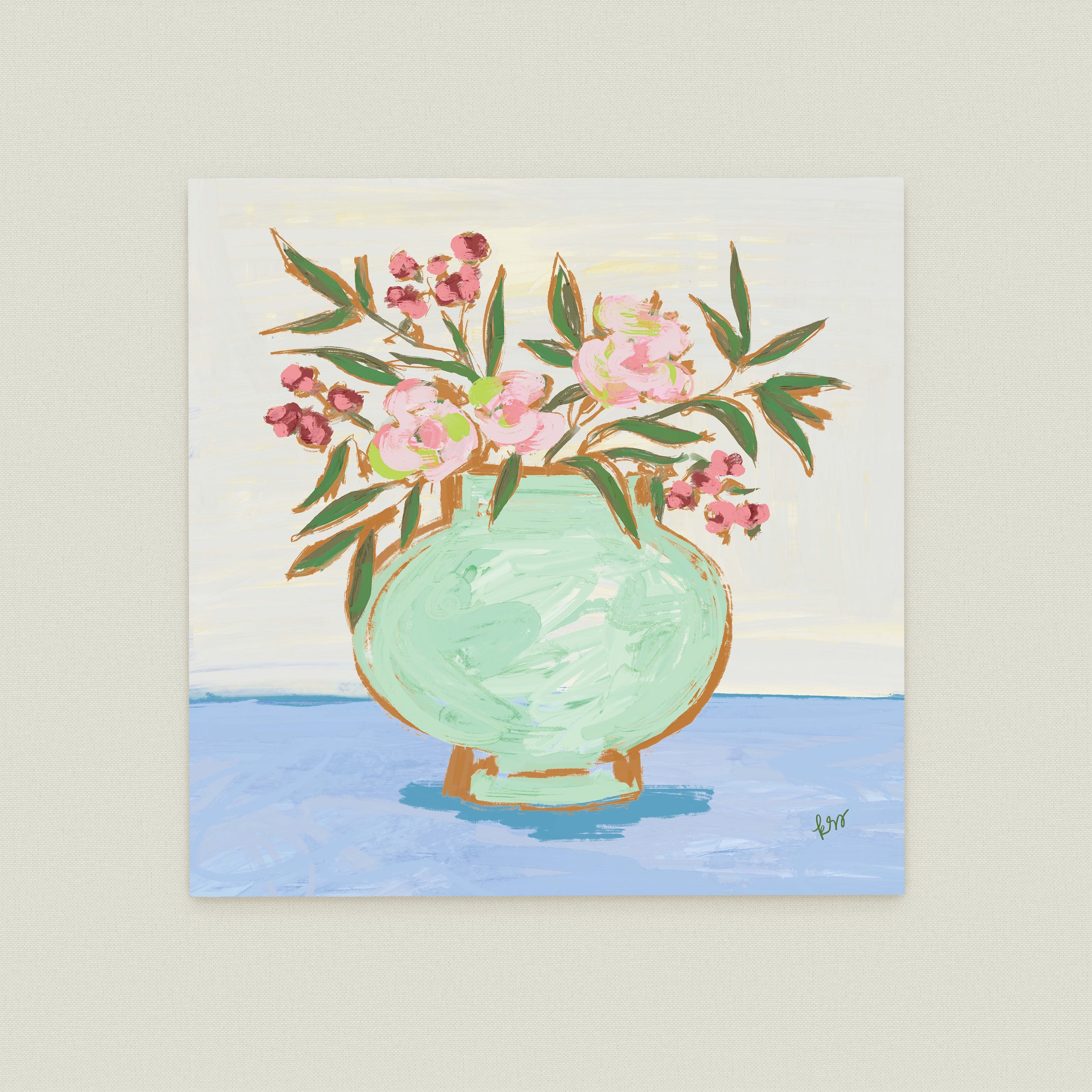 A painting of a green vase filled with pink flowers and green leaves, set against a light blue background.