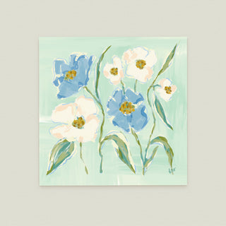 Garden Party No. 3: blue and white flowers with green leaves, set against a light green background.