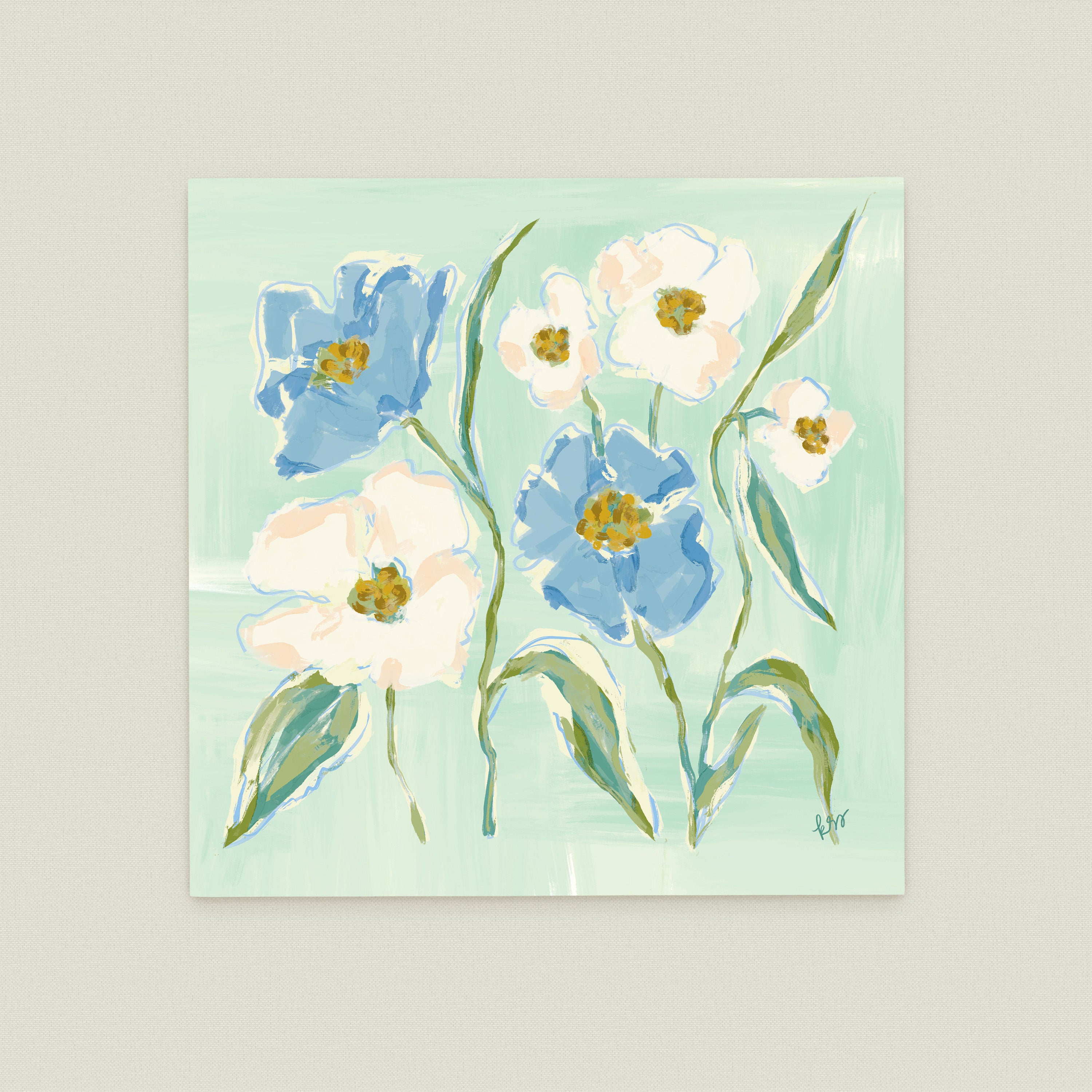 The image is a painting of blue and white flowers with green leaves, set against a light green background.