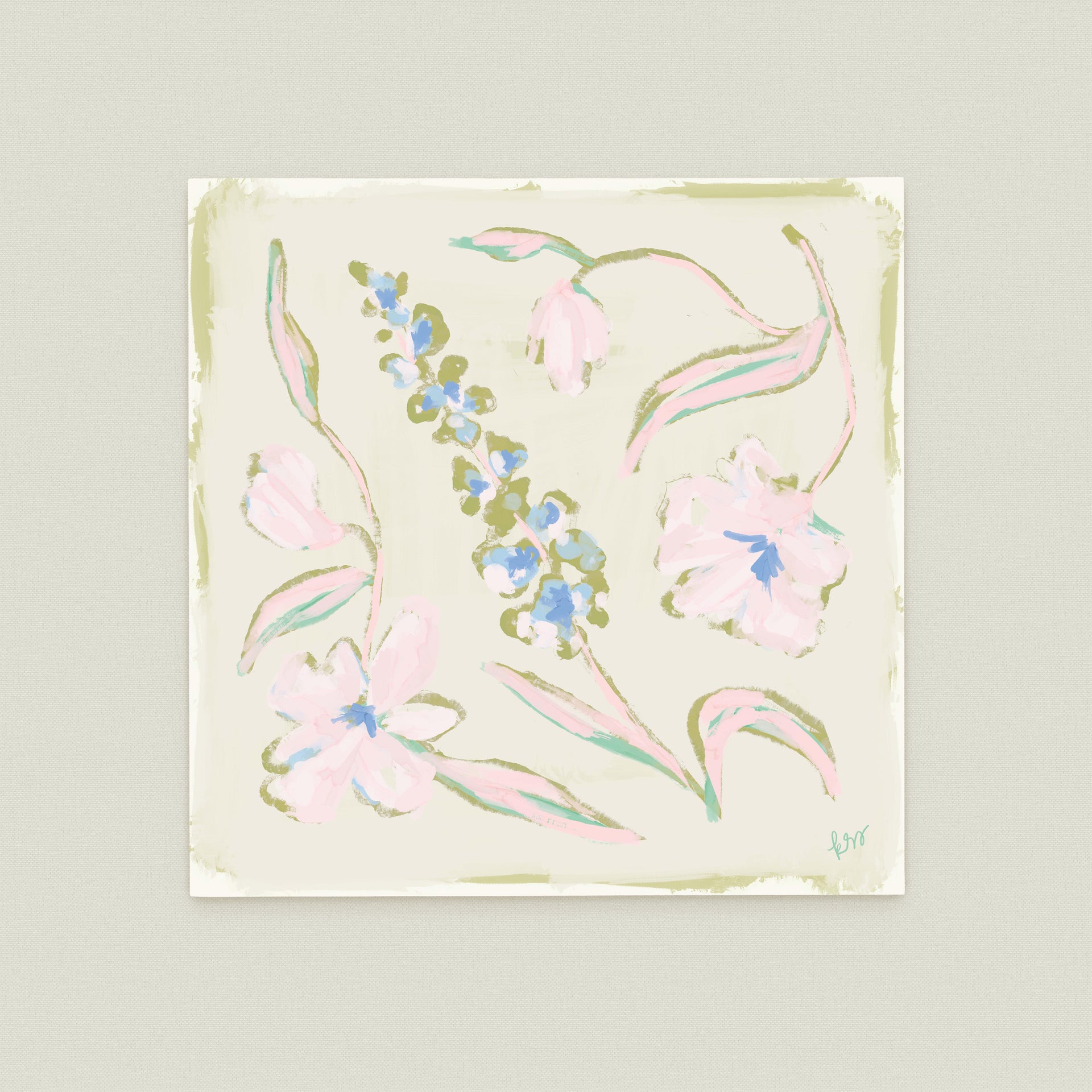 The image is a square painting featuring a variety of colorful flowers and leaves in shades of pink, blue, and green.