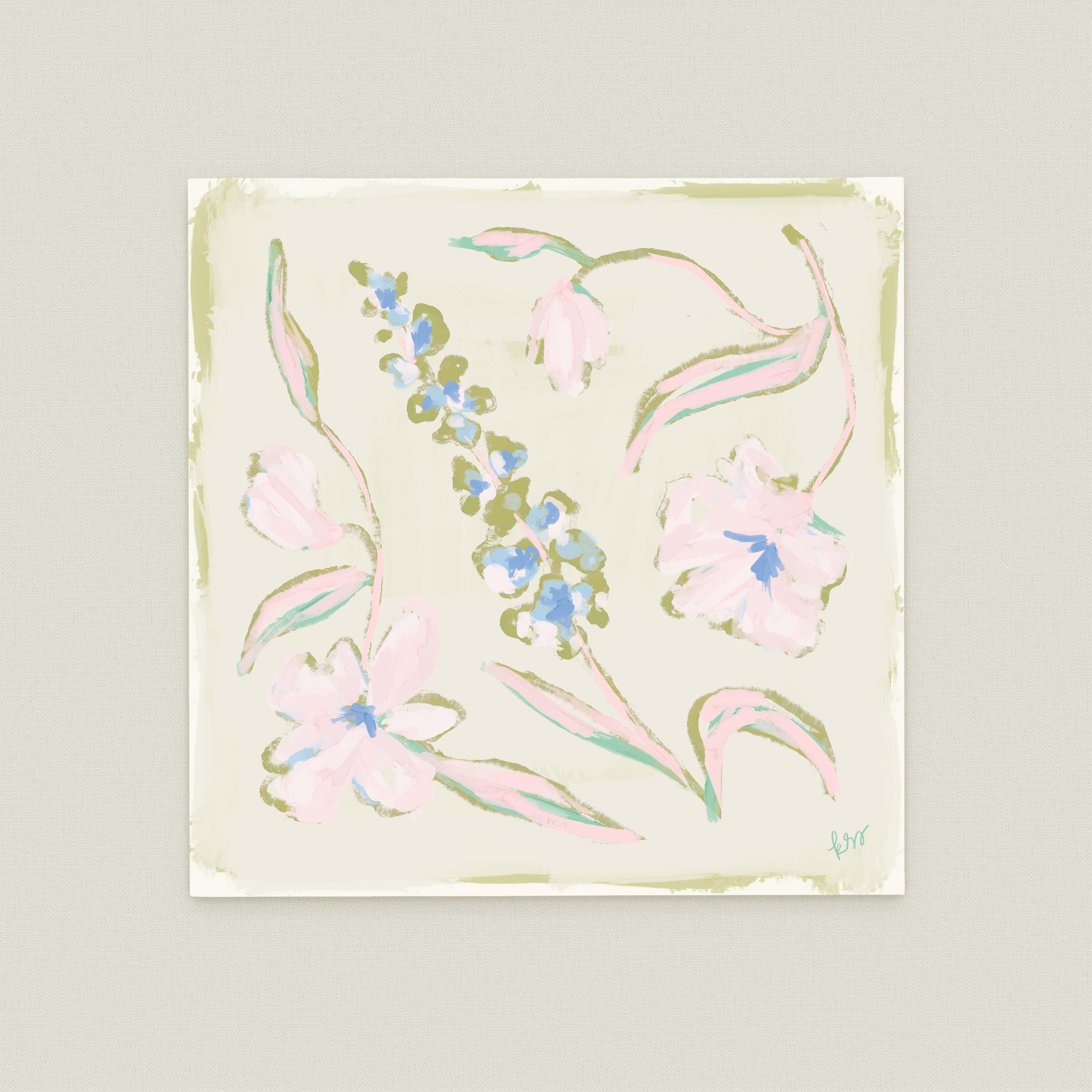 The image is a square painting featuring a variety of colorful flowers and leaves in shades of pink, blue, and green.