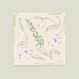 Garden Arrangement No. 2: a variety of colorful flowers and leaves in shades of pink, blue, and green.