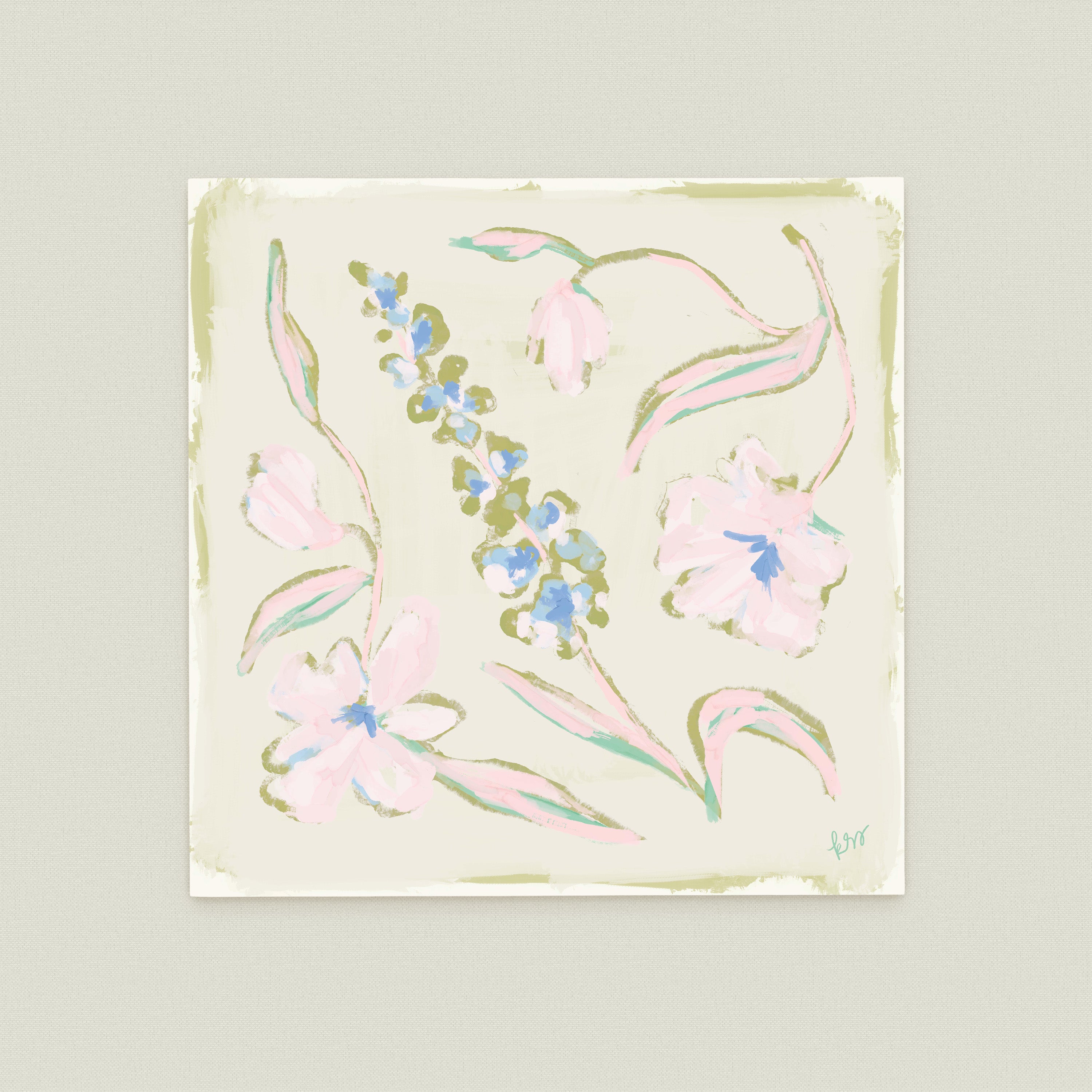 The image is a square painting featuring a variety of colorful flowers and leaves in shades of pink, blue, and green.