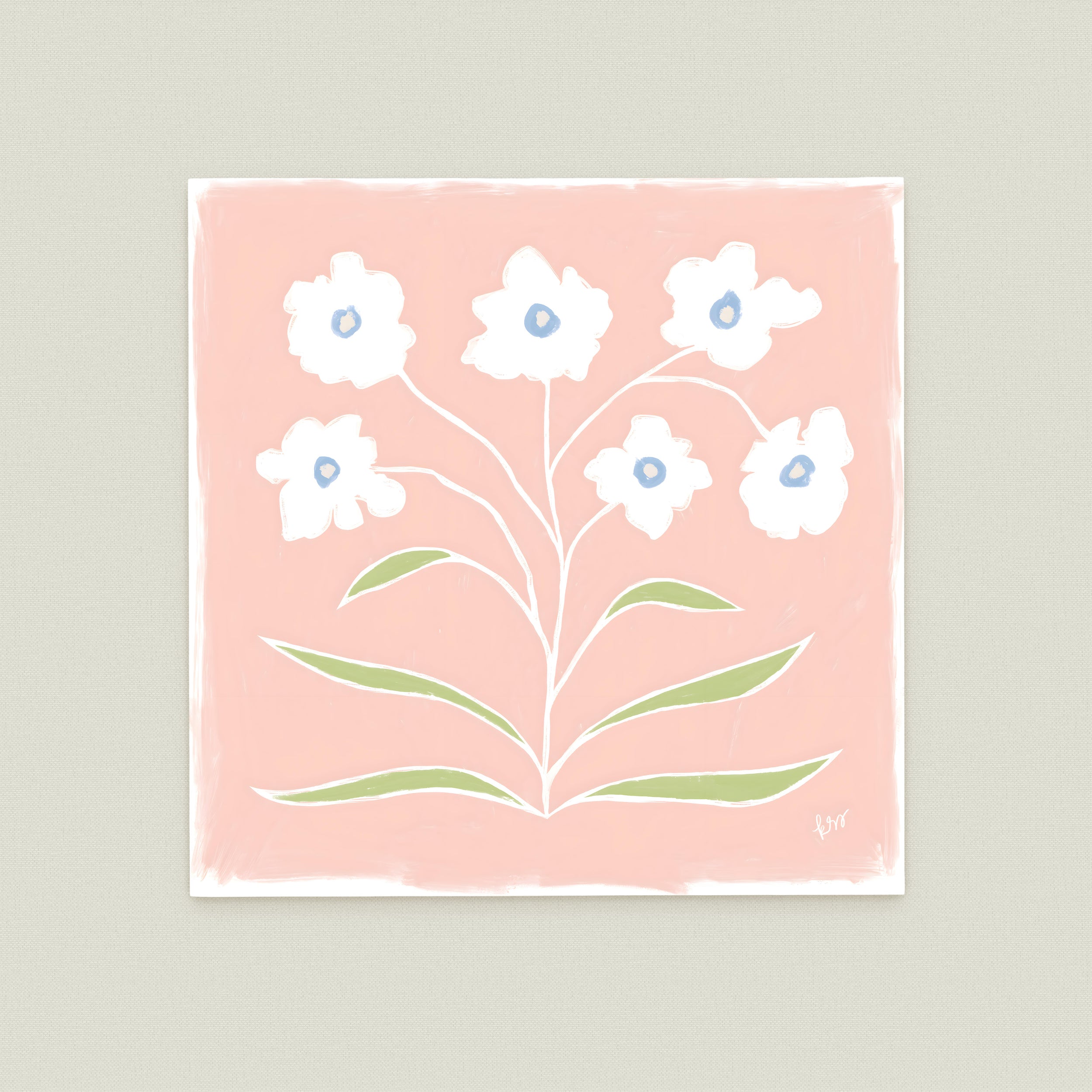 A square-shaped illustration featuring a stylized floral design with white flowers and green leaves against a pink background.