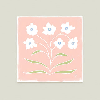 Botanical Line Study No. 3: a stylized floral design with white flowers and green leaves against a pink background.