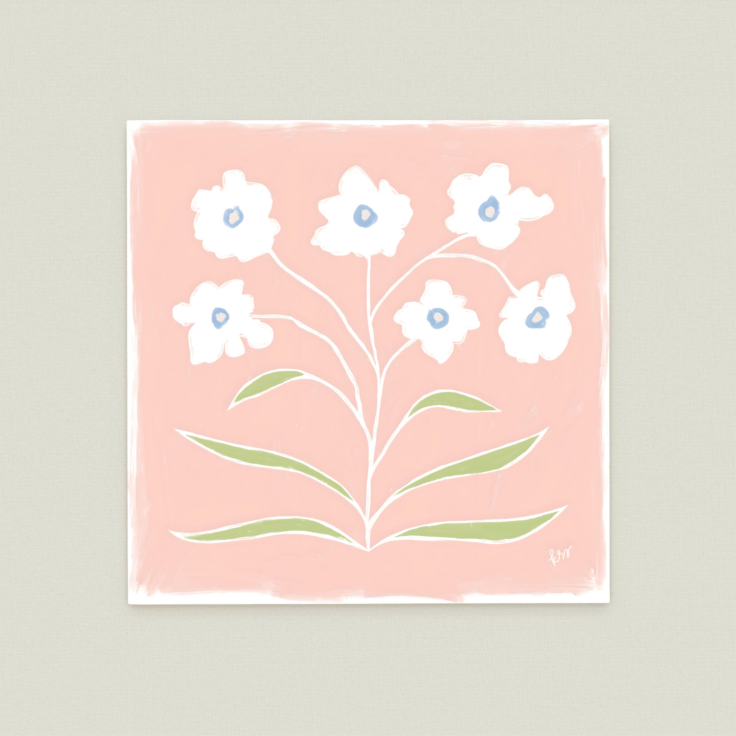 A square-shaped illustration featuring a stylized floral design with white flowers and green leaves against a pink background.