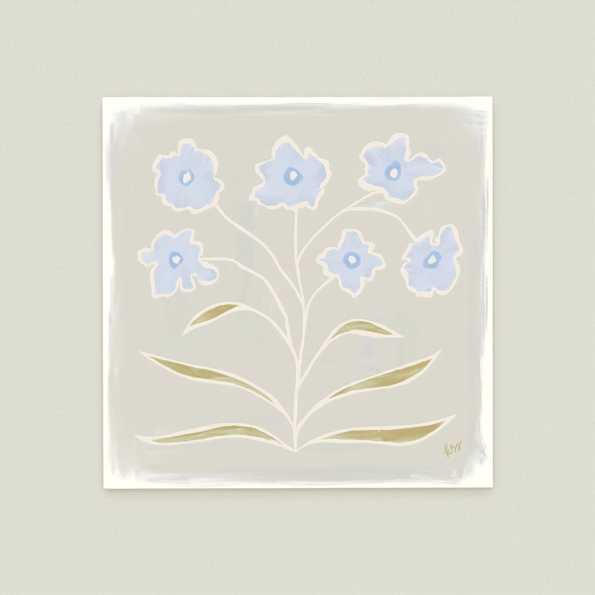 A square-shaped illustration featuring a stylized blue flower with green leaves, set against a light background.