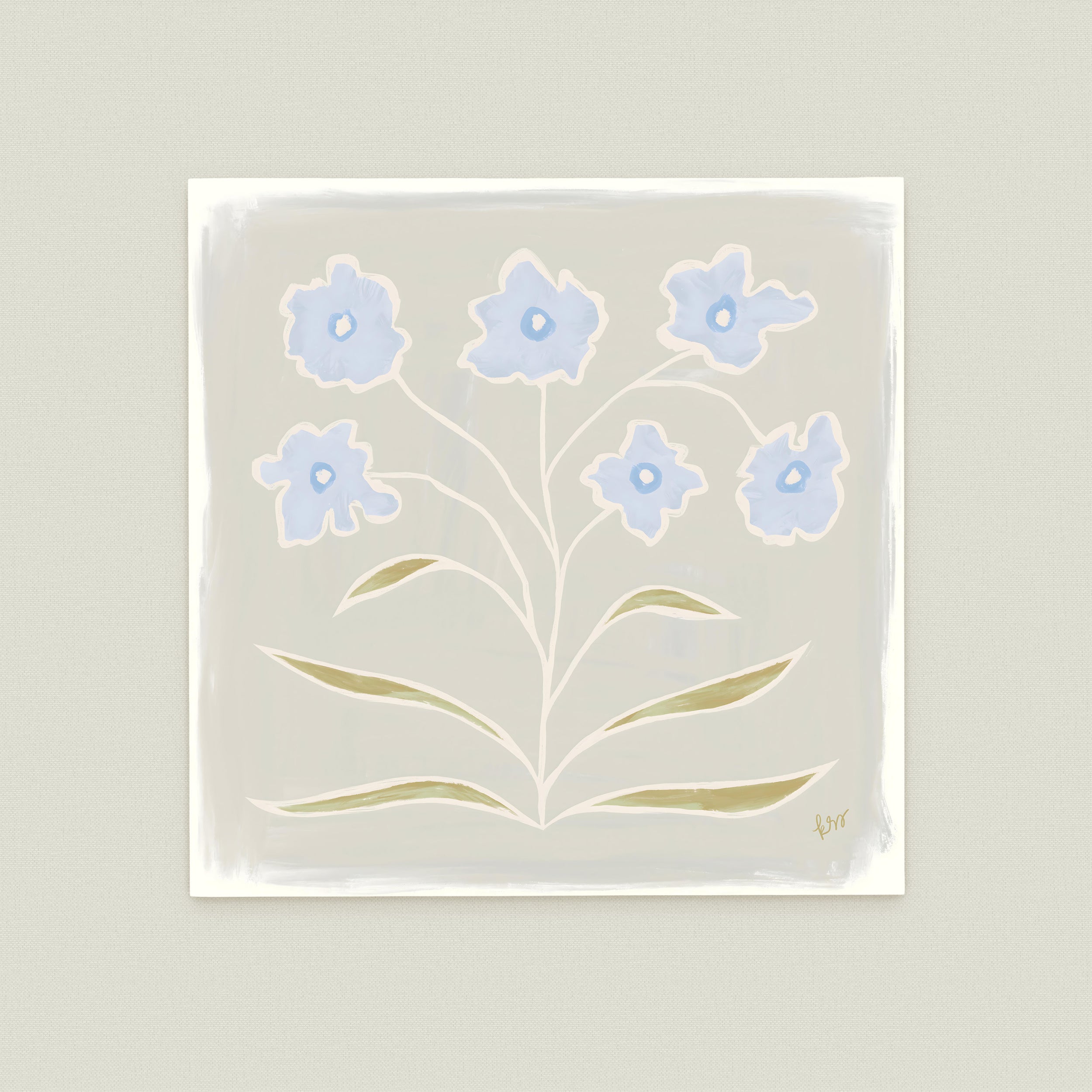 A square-shaped illustration featuring a stylized blue flower with green leaves, set against a light background.