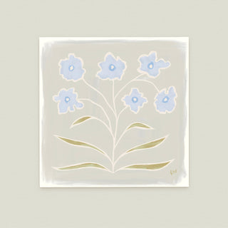 Botanical Line Study No. 9: a stylized blue flower with green leaves, set against a light background.