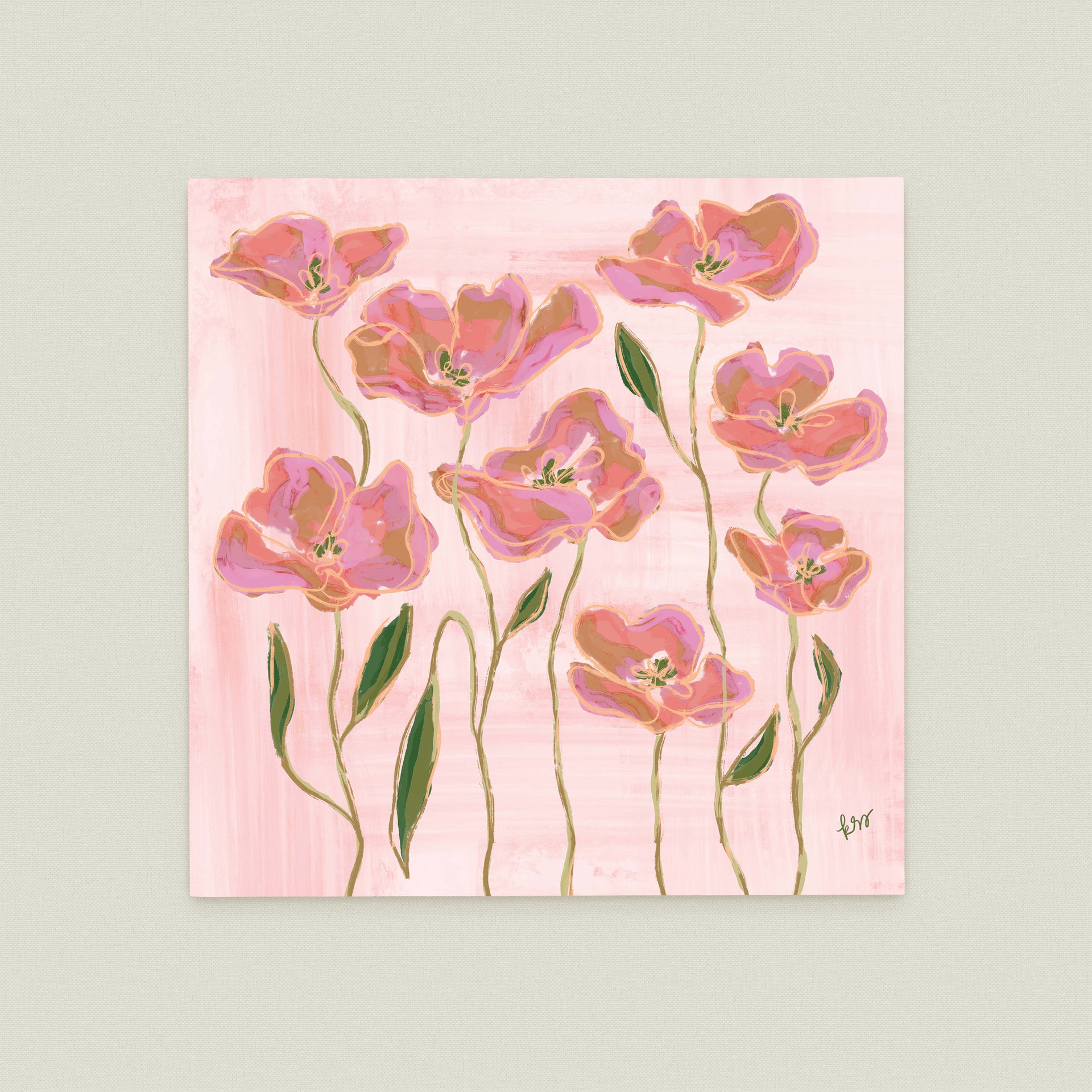 The image is a painting of pink flowers with green leaves, arranged in a row against a pink background.