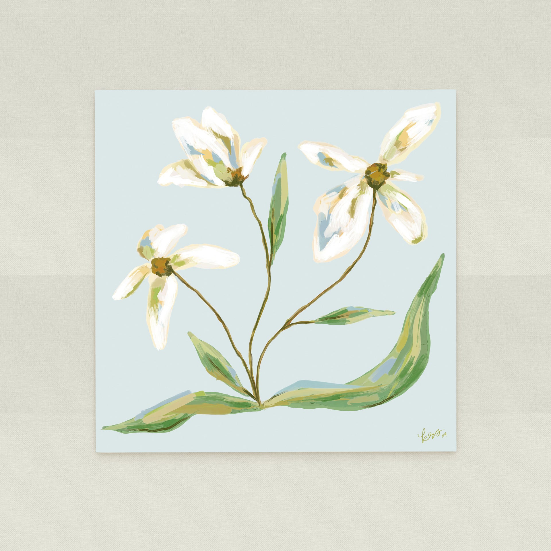 A square painting depicting three white flowers with green leaves against a light blue background.