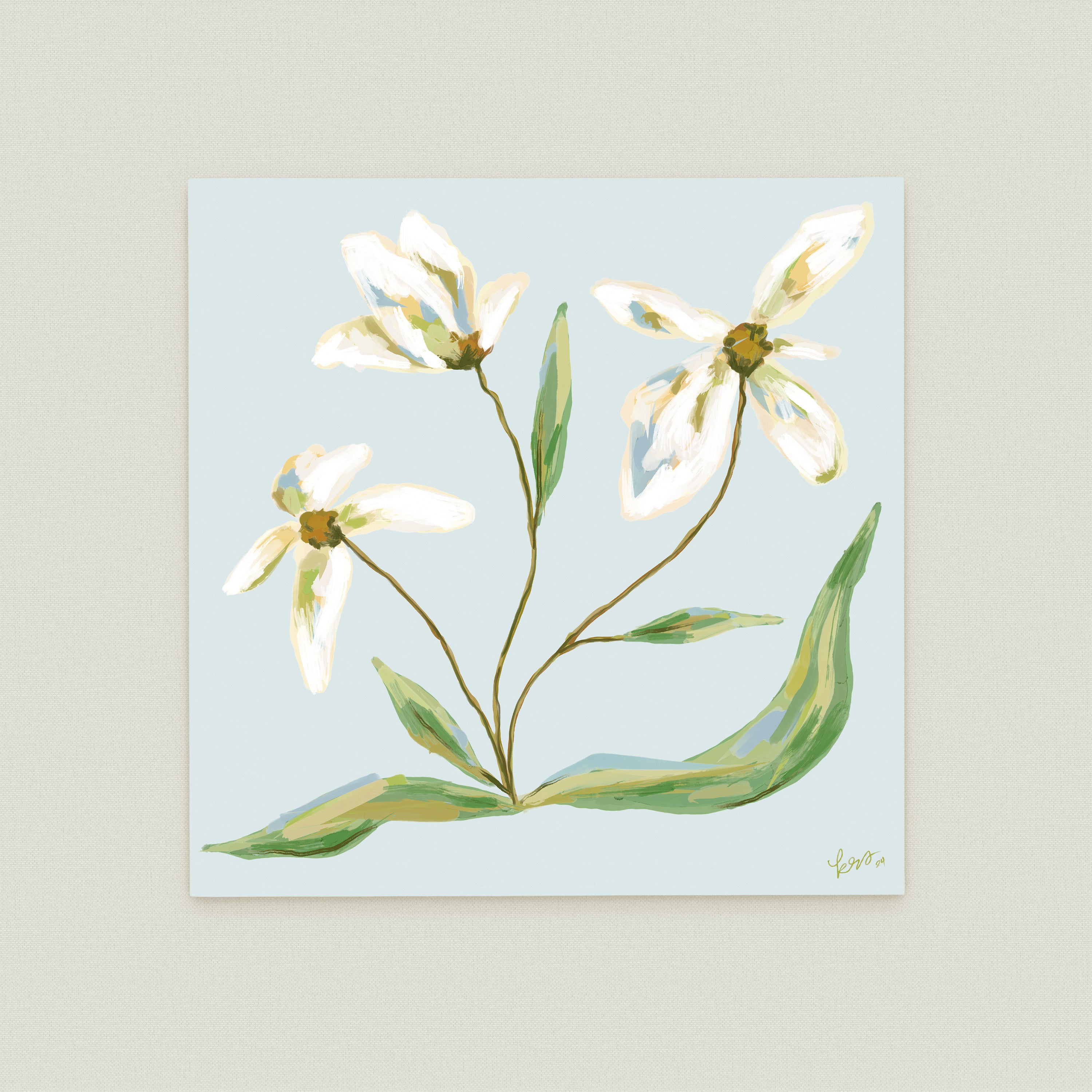 A square painting depicting three white flowers with green leaves against a light blue background.