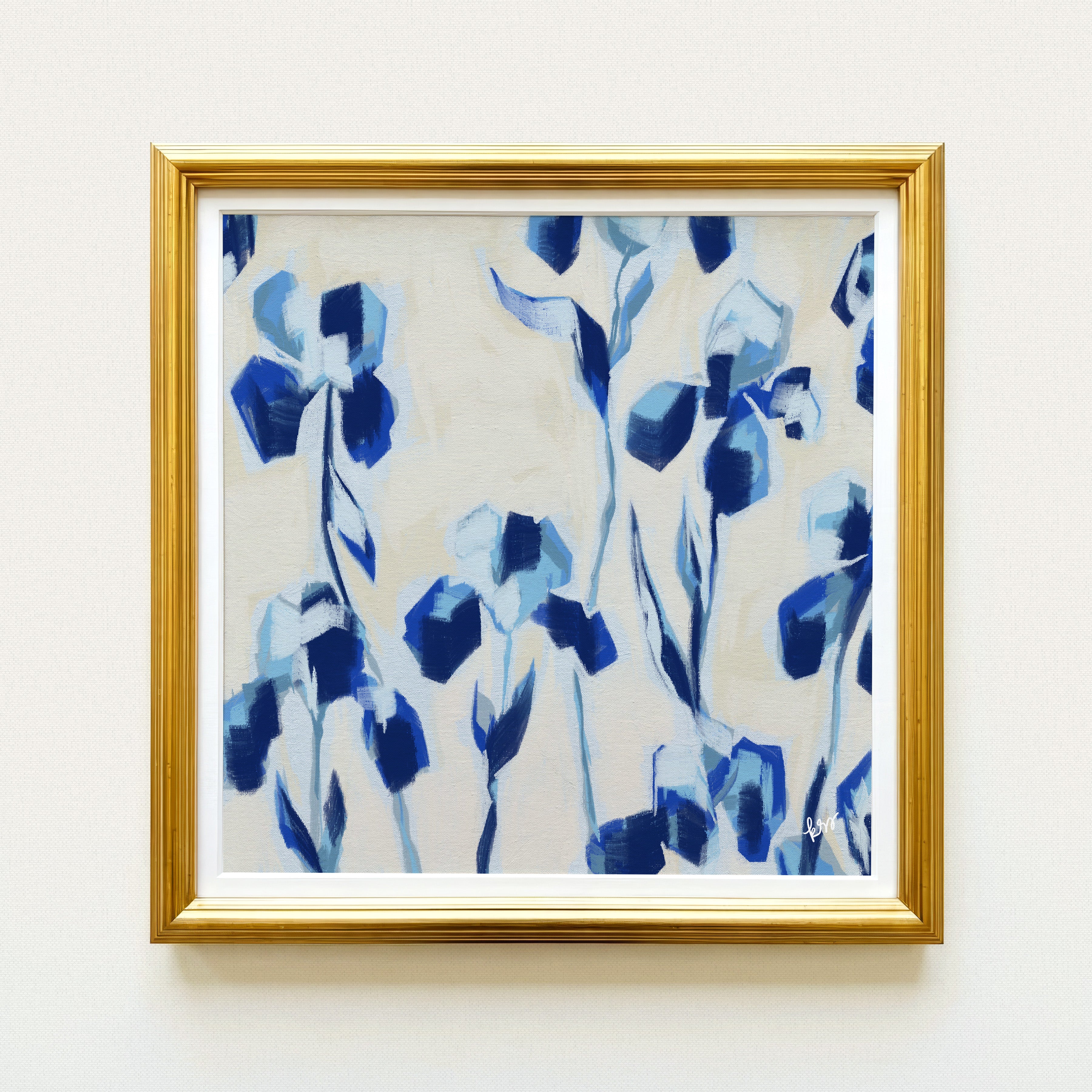 The image is a framed painting of blue flowers on a white background.
