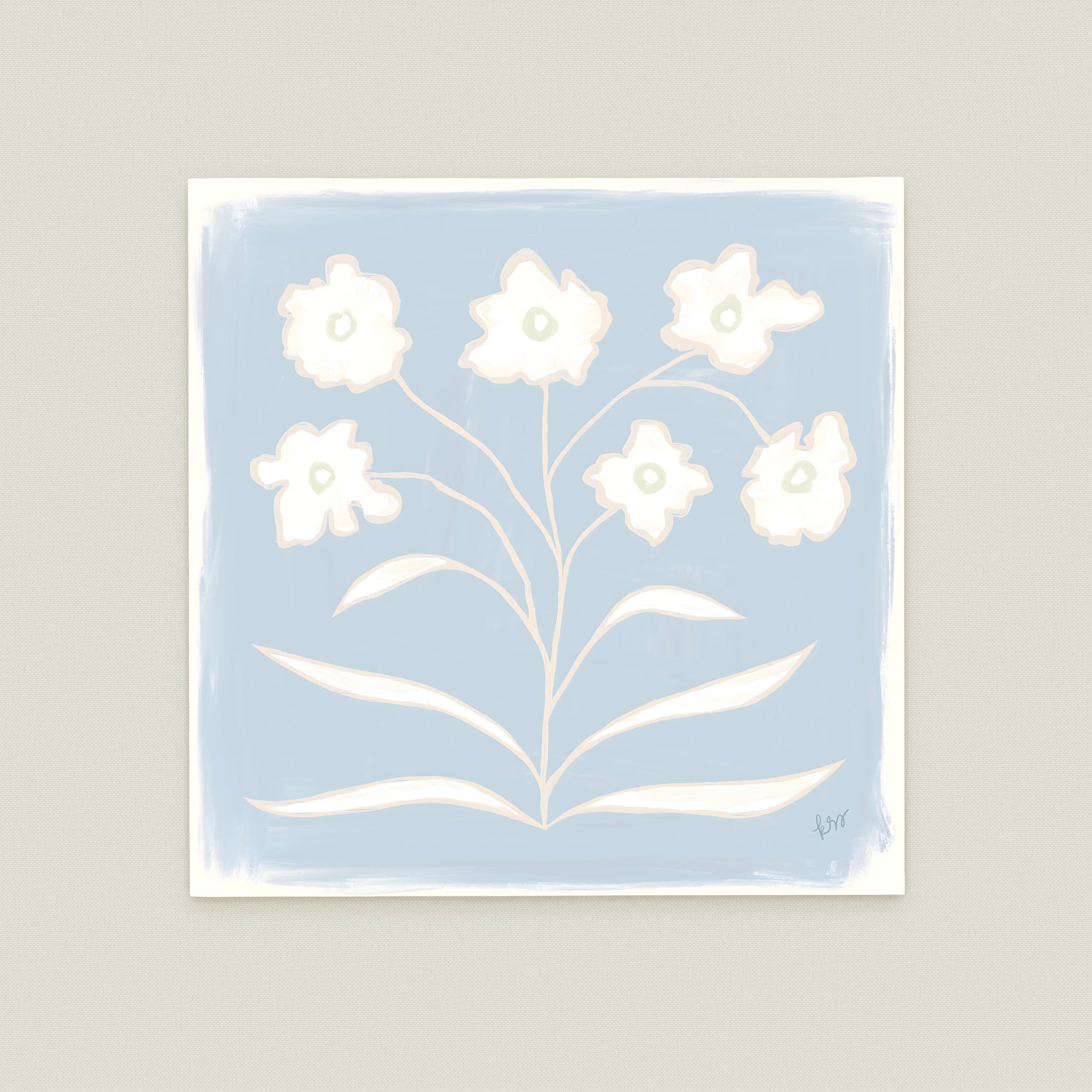 A square-shaped illustration featuring a stylized floral design with white flowers against a light blue background.