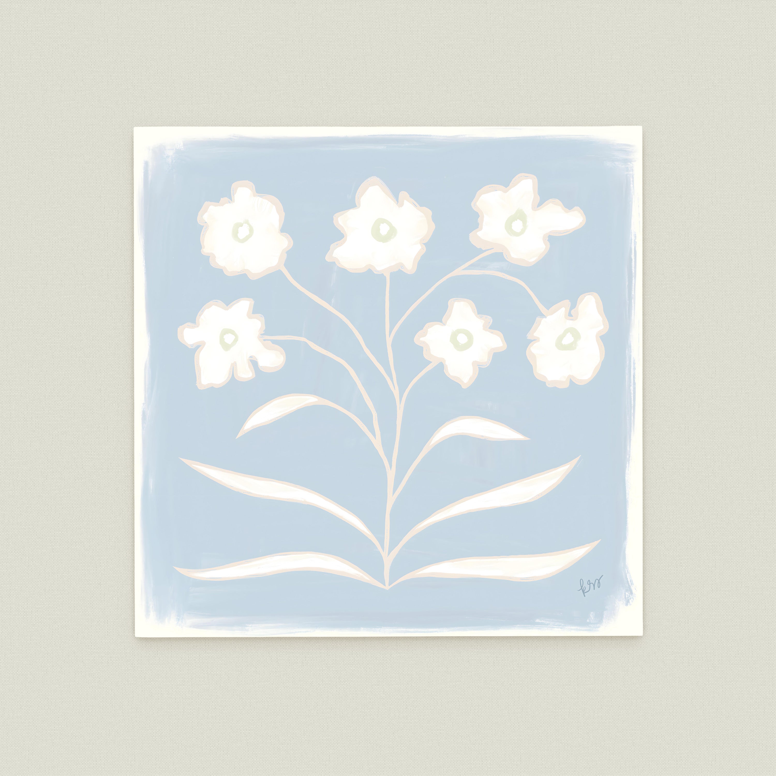 A square-shaped illustration featuring a stylized floral design with white flowers against a light blue background.