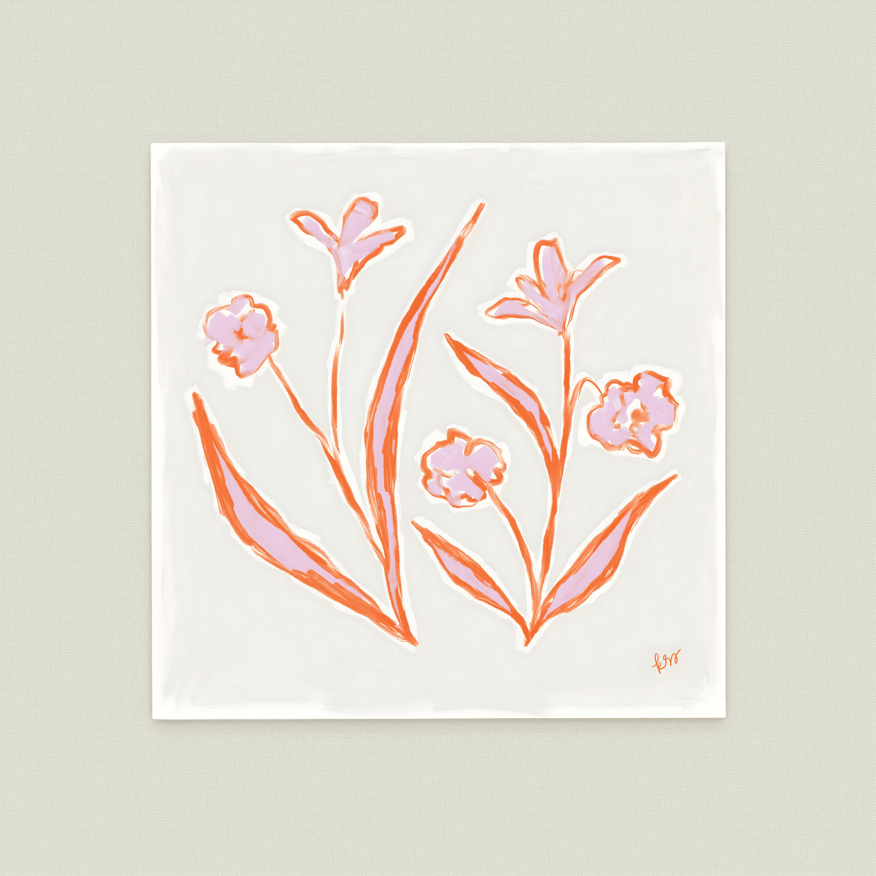 The image is a square-shaped illustration featuring stylized pink flowers with orange stems.