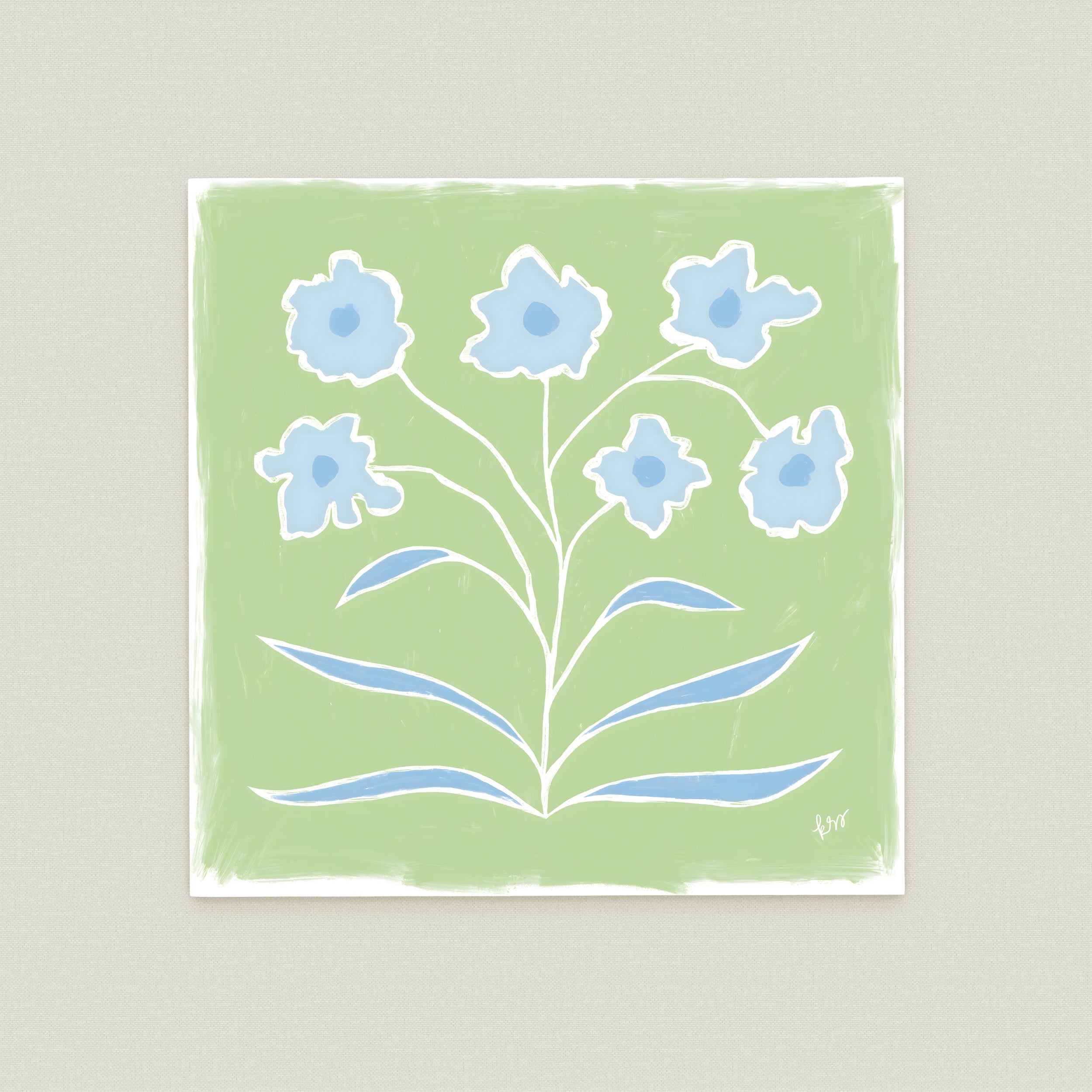 A square-shaped illustration featuring a stylized blue flower design on a green background.