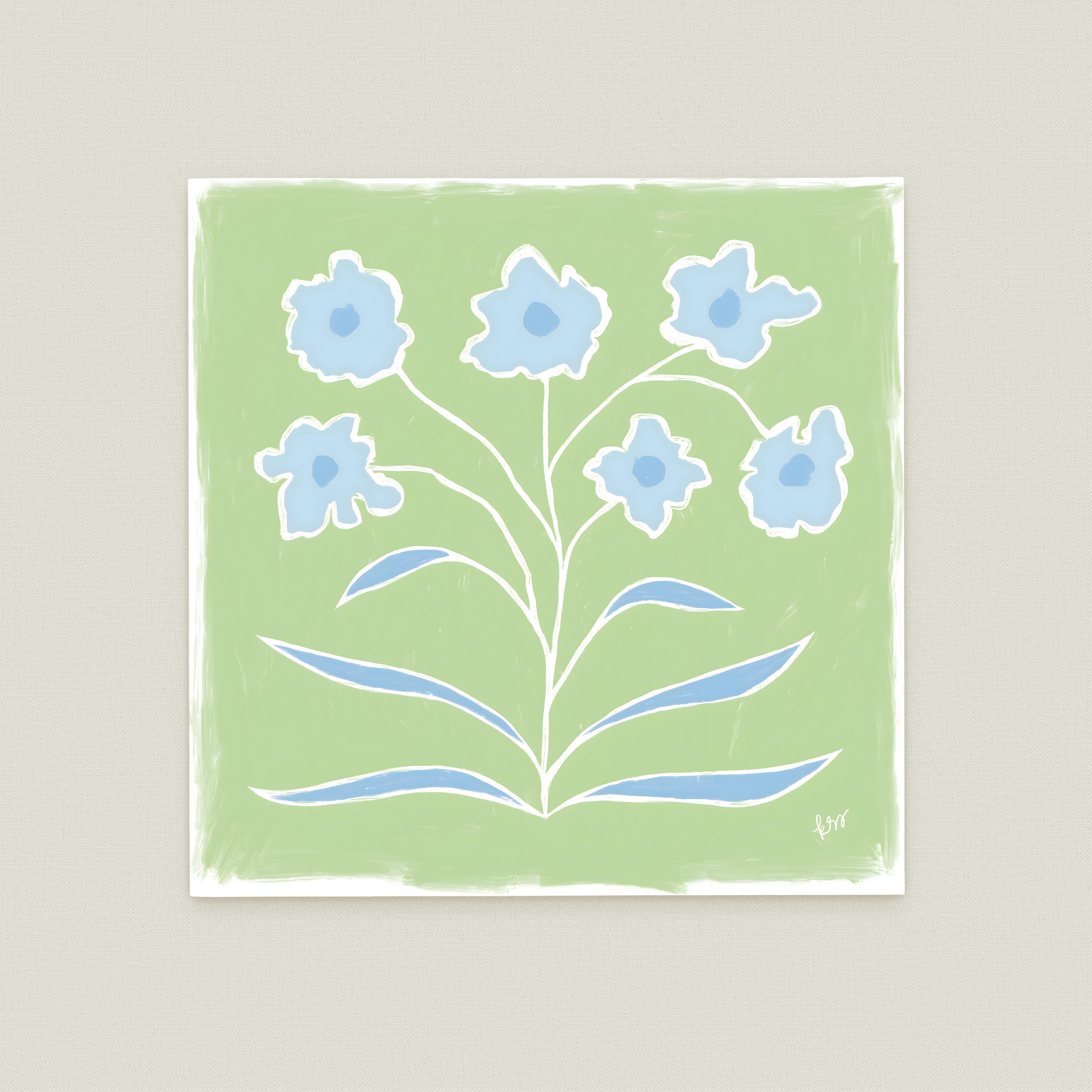 A square-shaped illustration featuring a stylized blue flower design on a green background.