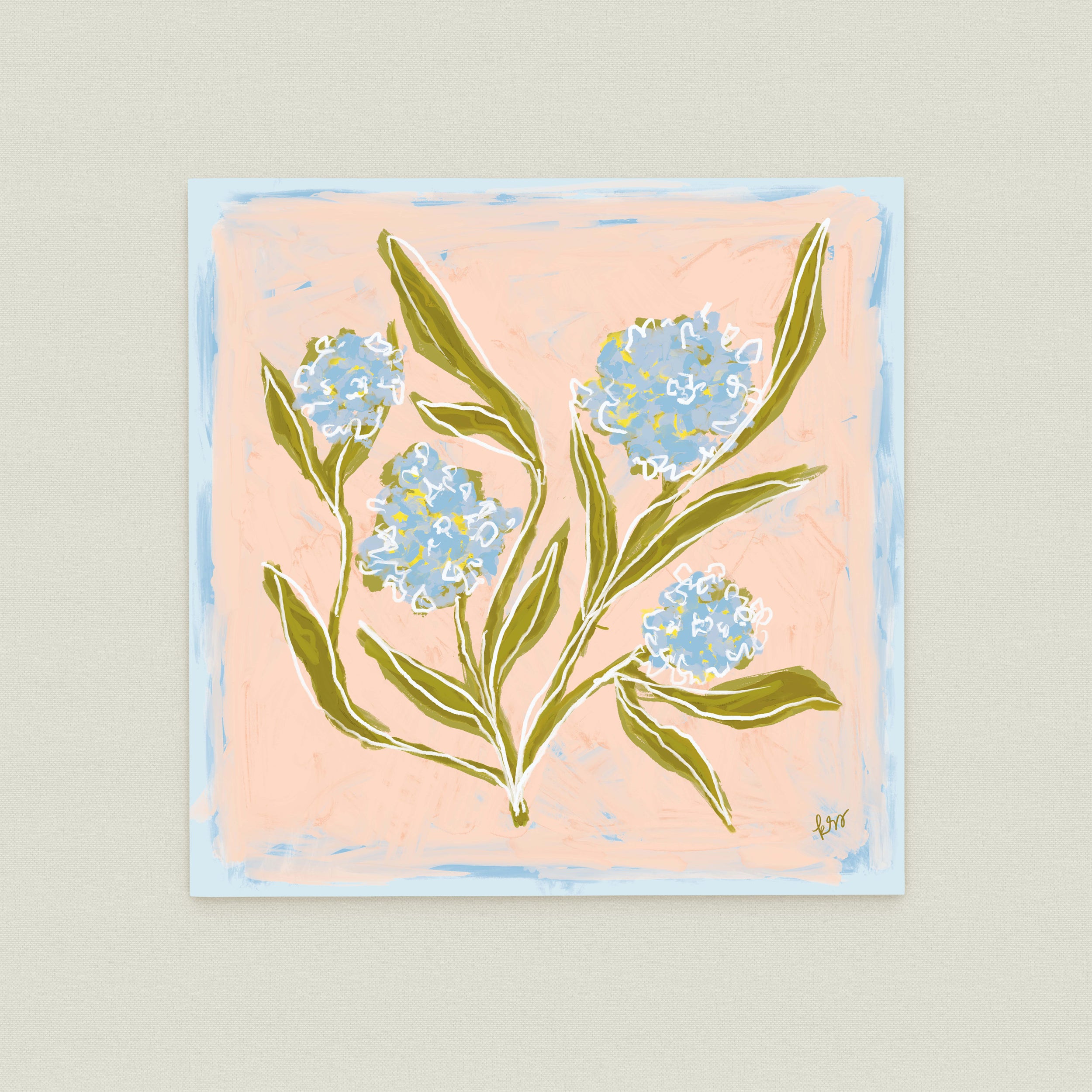 The image is a square painting featuring a stylized depiction of blue flowers with green leaves.