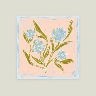 Hydrangea Study No. 10: a stylized depiction of blue flowers with green leaves.