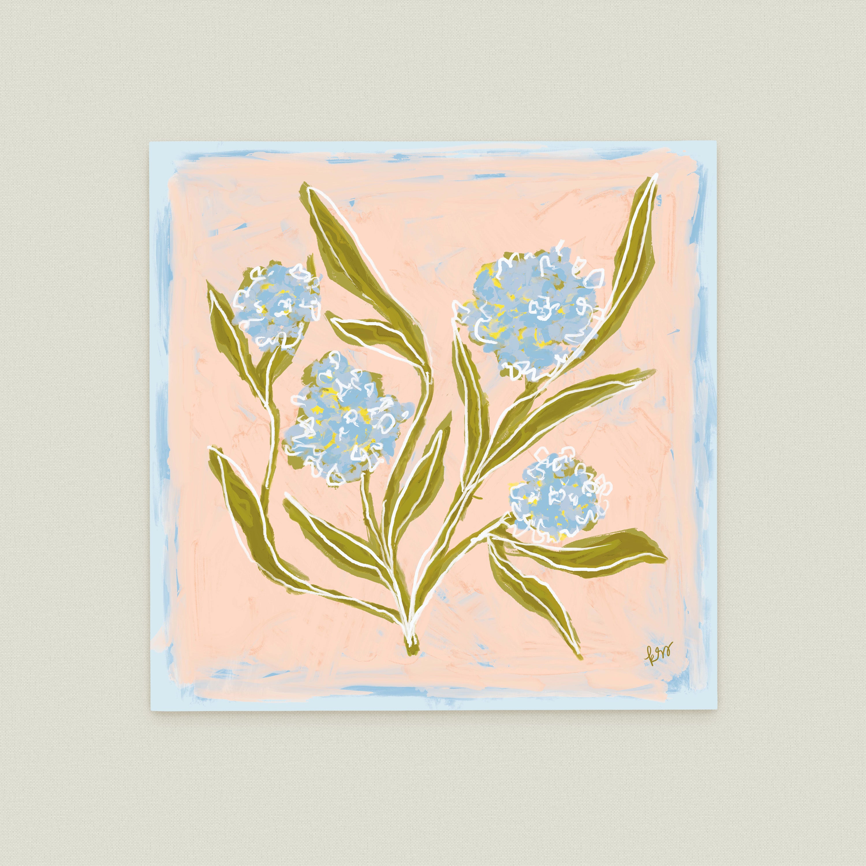 The image is a square painting featuring a stylized depiction of blue flowers with green leaves.