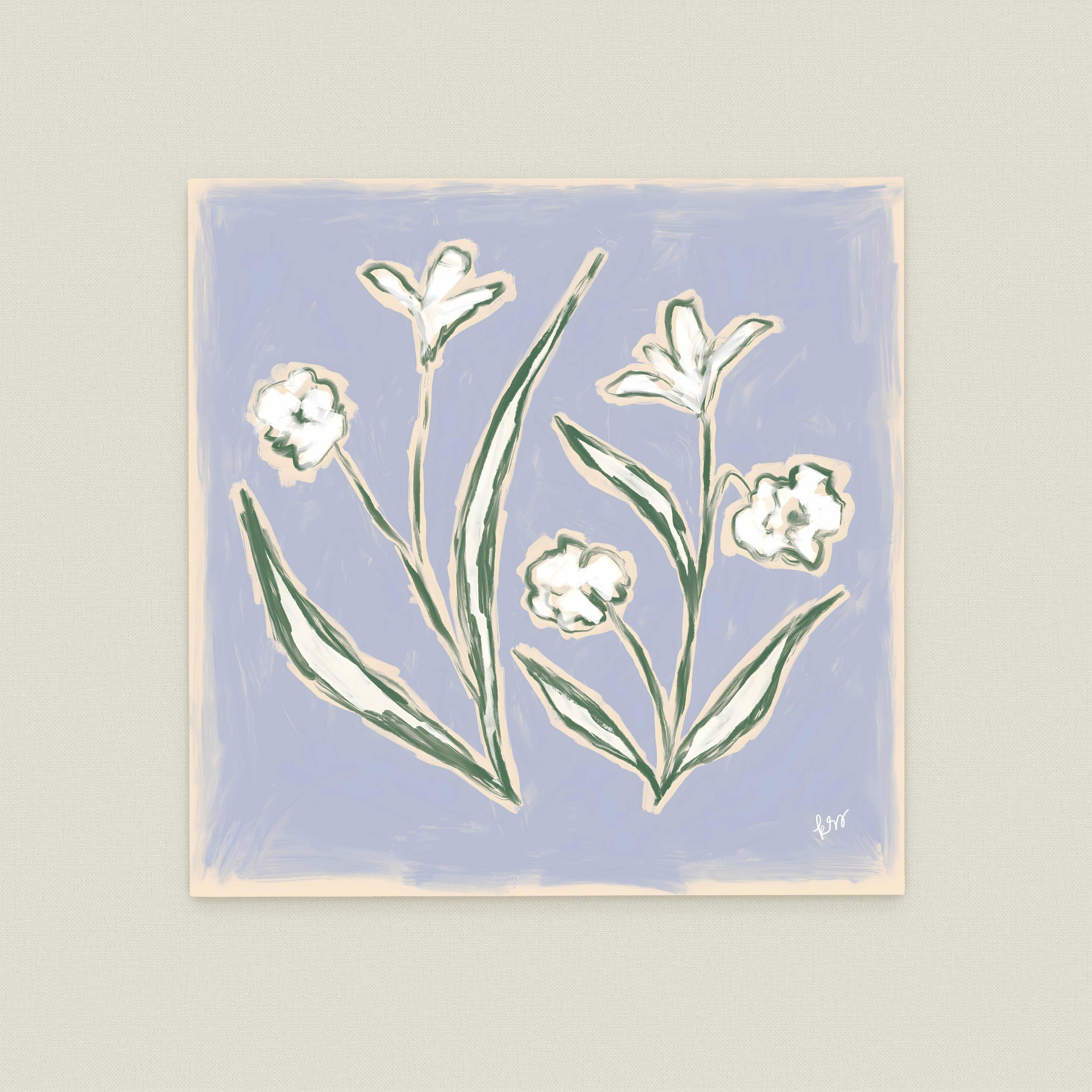 The image is a painting of white flowers against a light blue background.