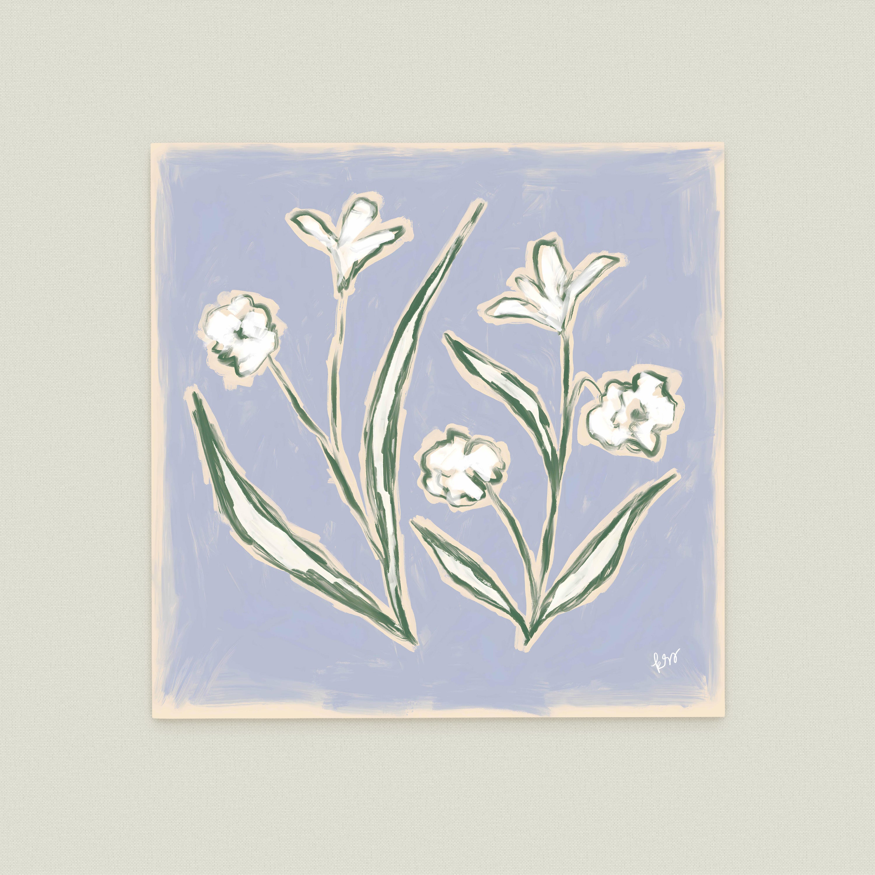 The image is a painting of white flowers against a light blue background.