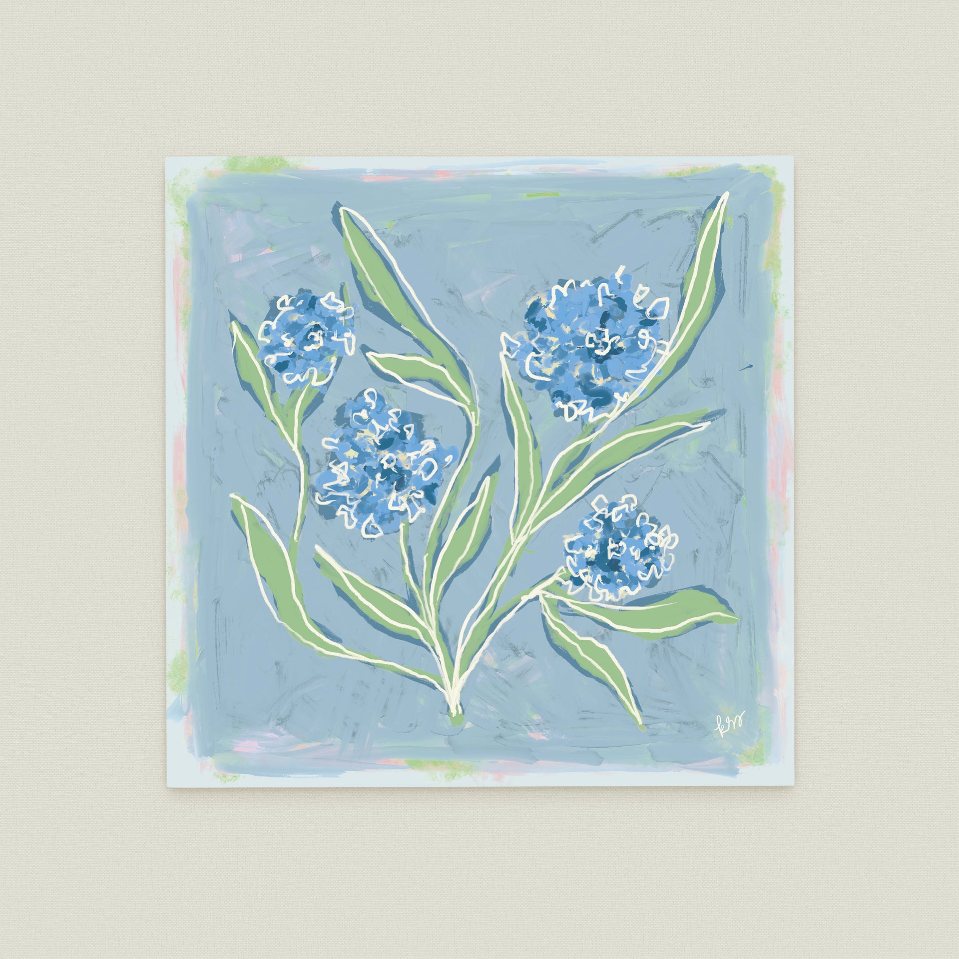 The image is a square painting featuring a blue background with white flowers and green leaves.