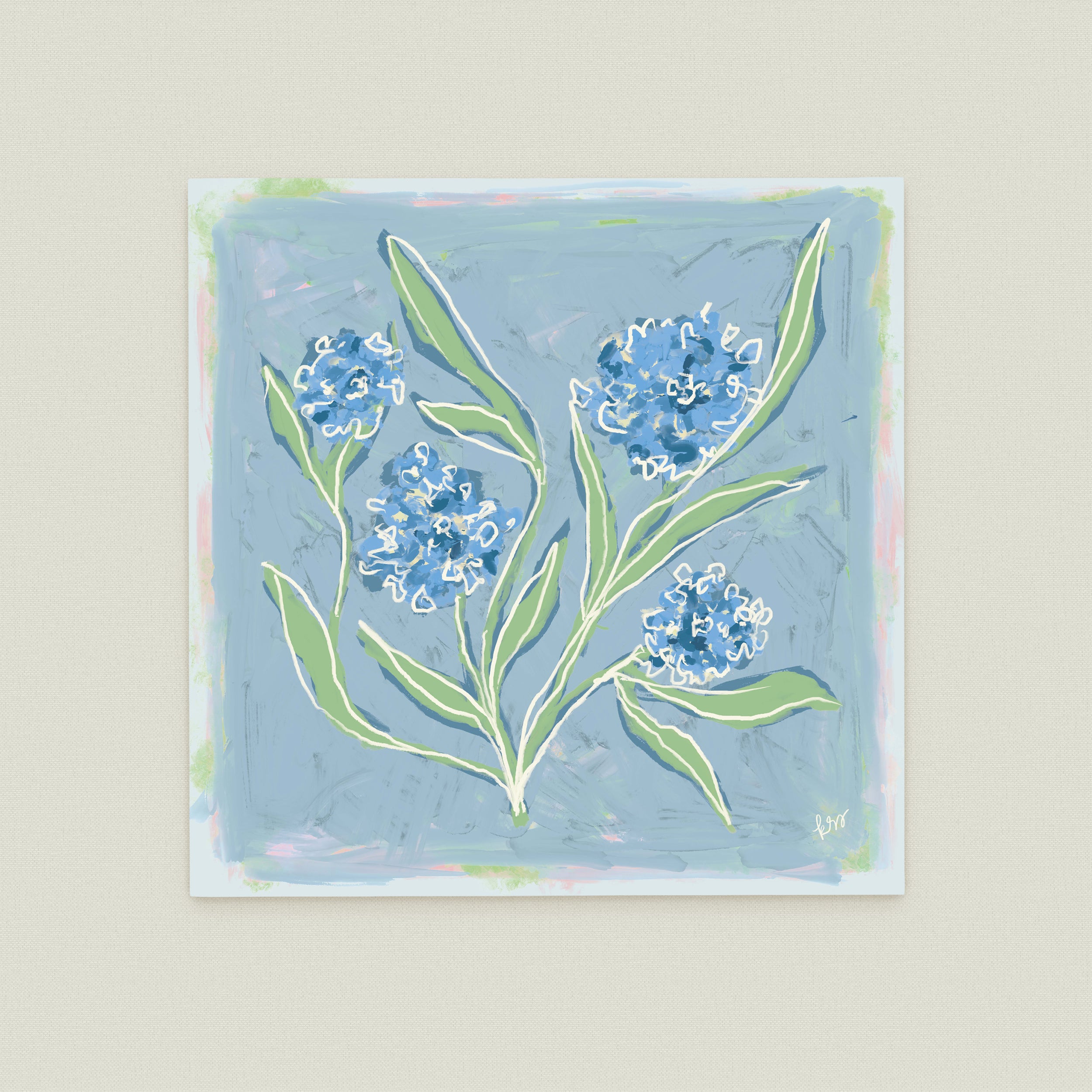 The image is a square painting featuring a blue background with white flowers and green leaves.