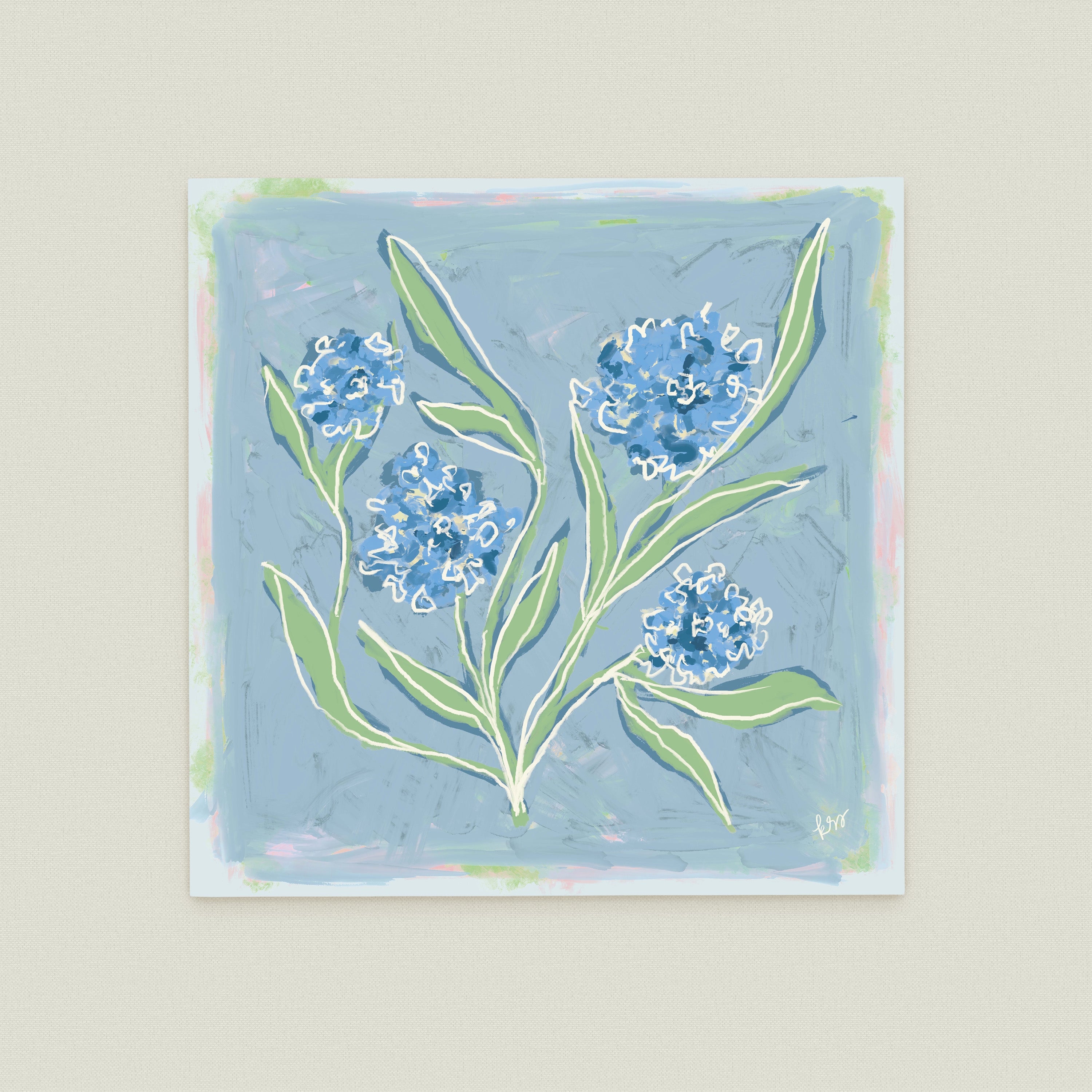 The image is a square painting featuring a blue background with white flowers and green leaves.