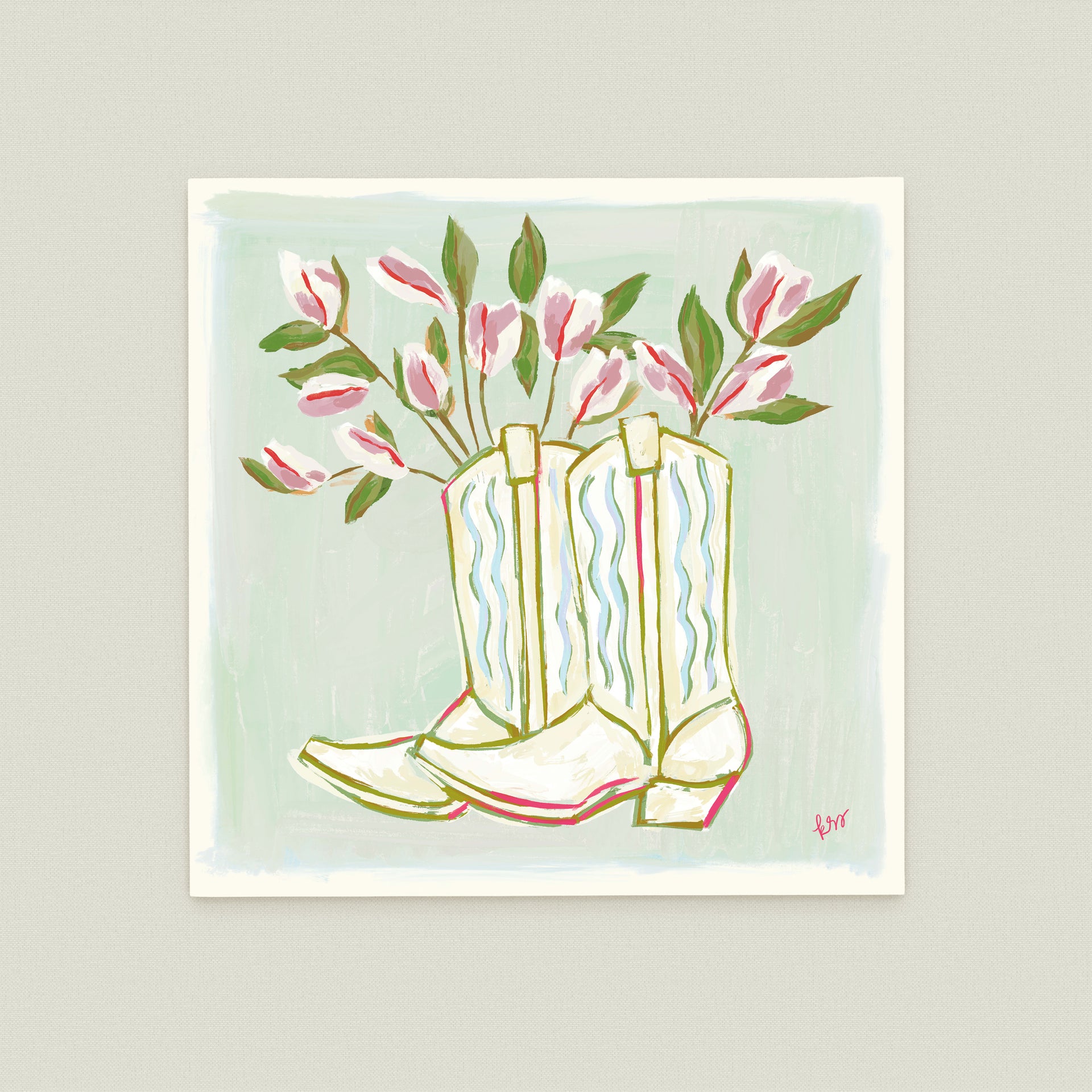 A pair of white cowboy boots with pink flowers growing out of them, set against a light green background.