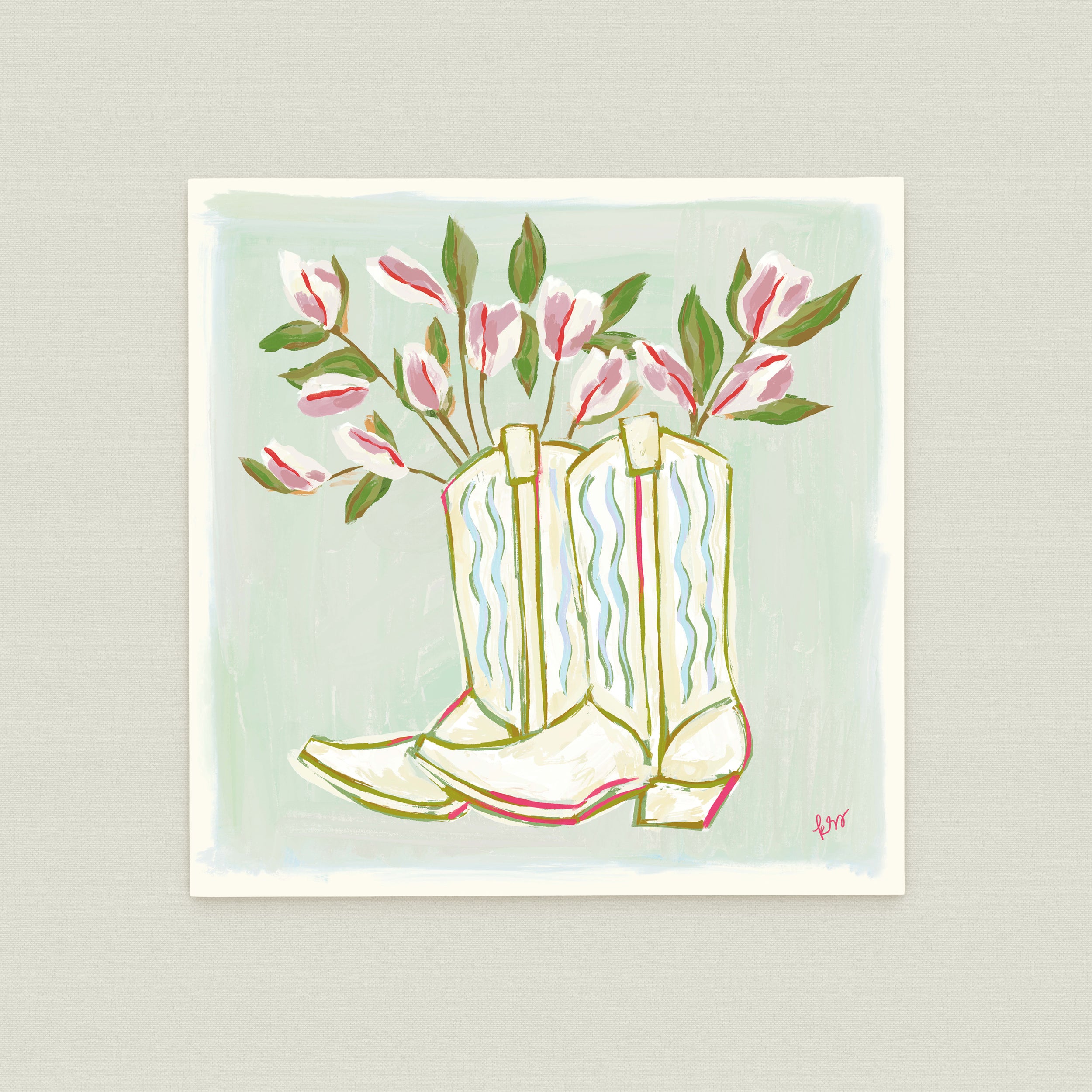A pair of white cowboy boots with pink flowers growing out of them, set against a light green background.