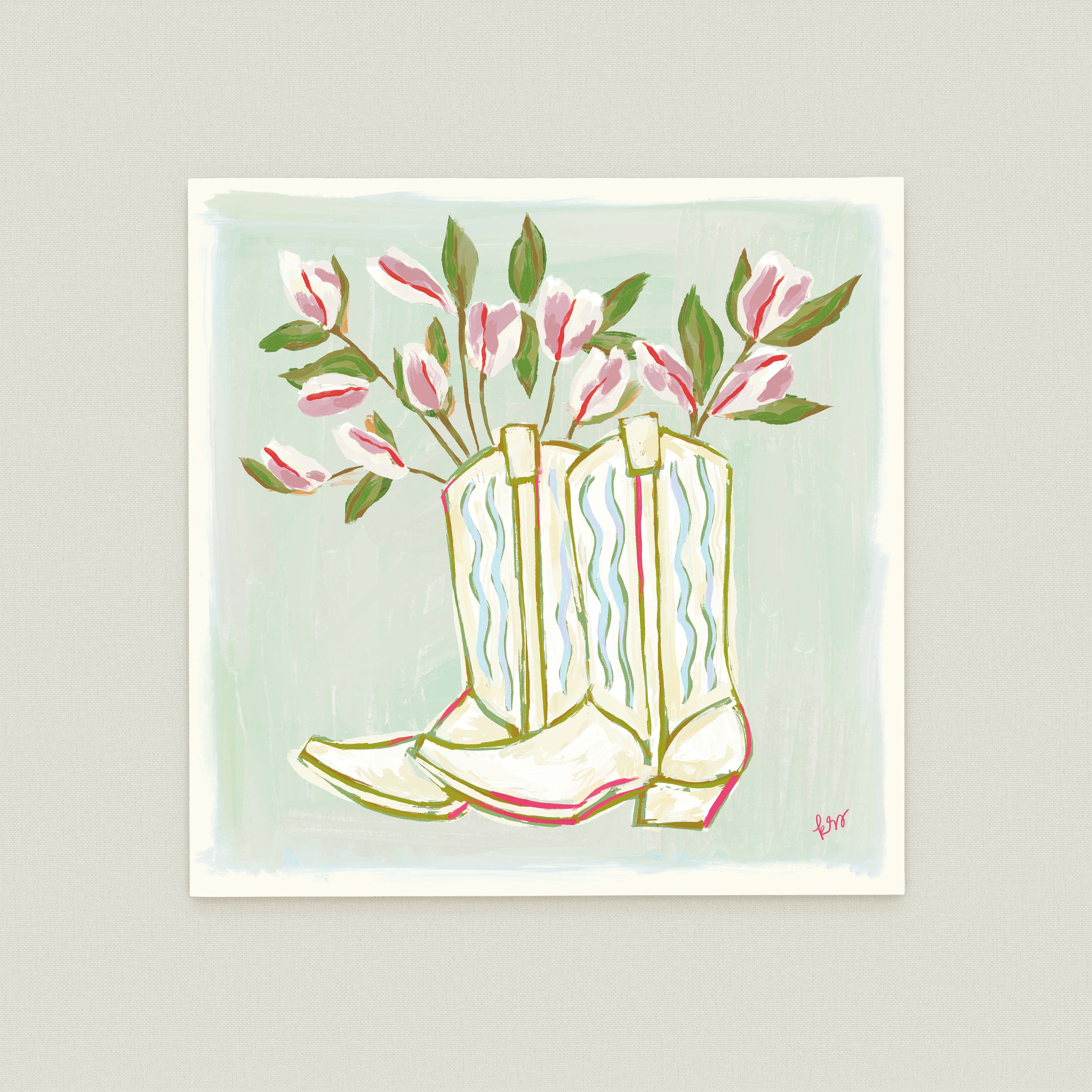 A pair of white cowboy boots with pink flowers growing out of them, set against a light green background.